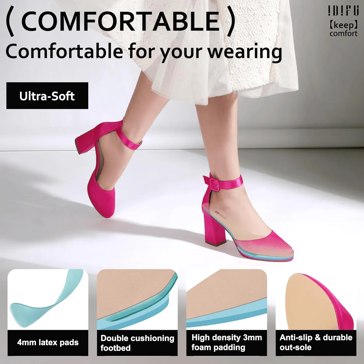 IDIFU IN3 Women's Chunky Block Heels Dress Shoes for Women - Dressy Wedding Bridal Prom Shoes - Pointed Toe Ankle Strap Comfortable Short Thick Heels