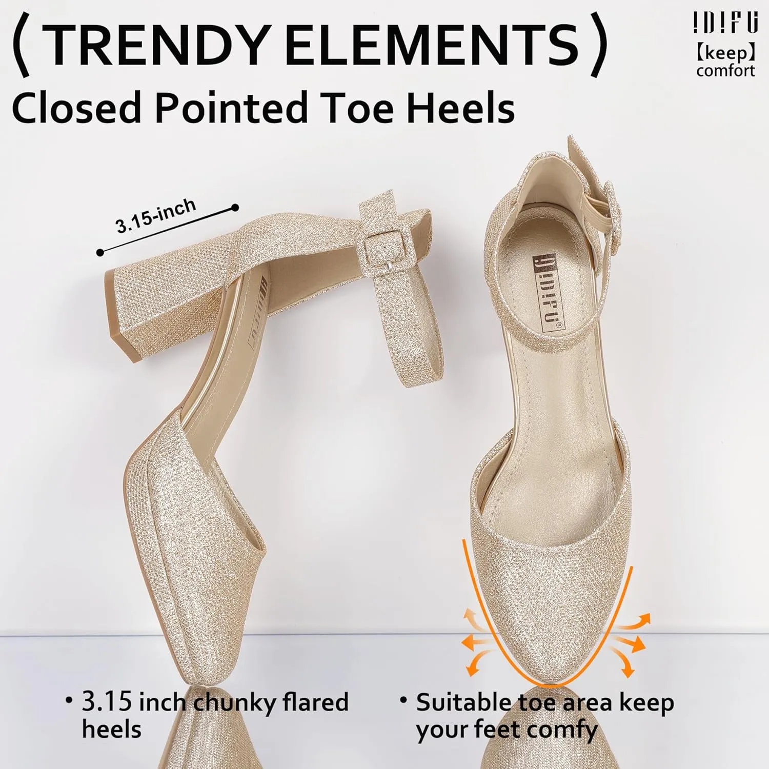 IDIFU IN3 Women's Chunky Block Heels Dress Shoes for Women - Dressy Wedding Bridal Prom Shoes - Pointed Toe Ankle Strap Comfortable Short Thick Heels