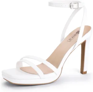 IDIFU IN4 High Heels Platform Strappy Stiletto Heels Square Open Toe Heeled Sandals Wedding Bridal Prom Party Dress Shoes for Women Comfortable Sexy Dressy Cute Ankle Strap Heels