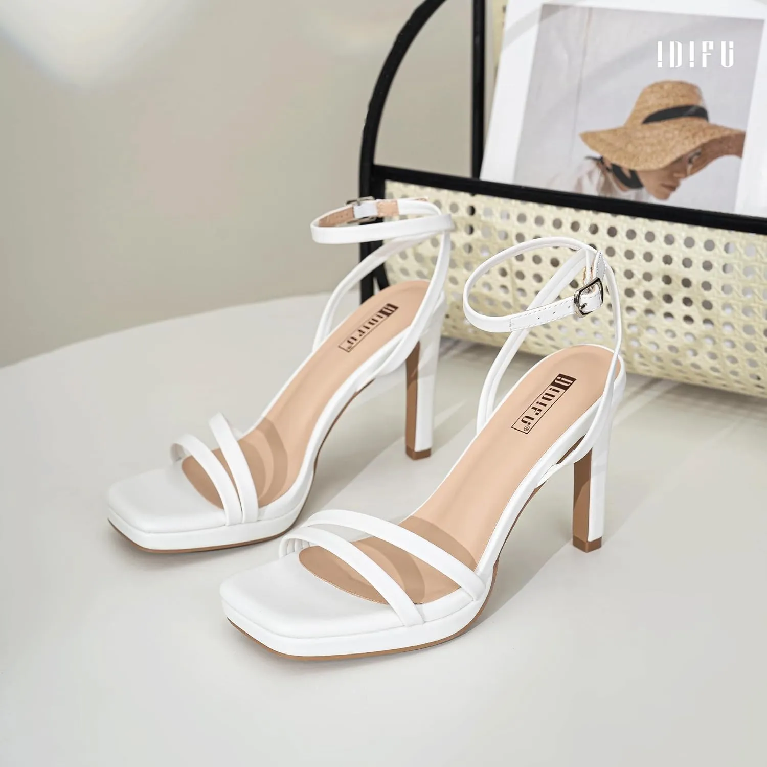 IDIFU IN4 High Heels Platform Strappy Stiletto Heels Square Open Toe Heeled Sandals Wedding Bridal Prom Party Dress Shoes for Women Comfortable Sexy Dressy Cute Ankle Strap Heels