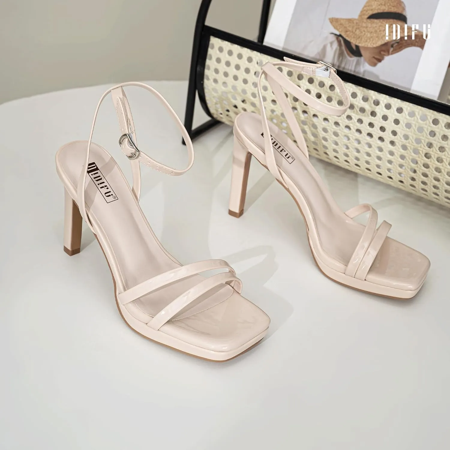 IDIFU IN4 High Heels Platform Strappy Stiletto Heels Square Open Toe Heeled Sandals Wedding Bridal Prom Party Dress Shoes for Women Comfortable Sexy Dressy Cute Ankle Strap Heels