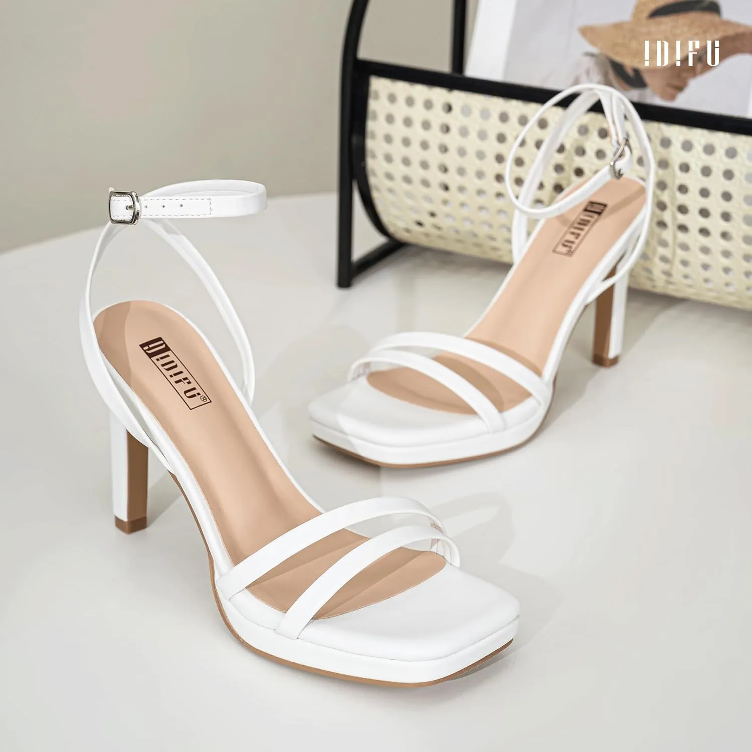 IDIFU IN4 High Heels Platform Strappy Stiletto Heels Square Open Toe Heeled Sandals Wedding Bridal Prom Party Dress Shoes for Women Comfortable Sexy Dressy Cute Ankle Strap Heels