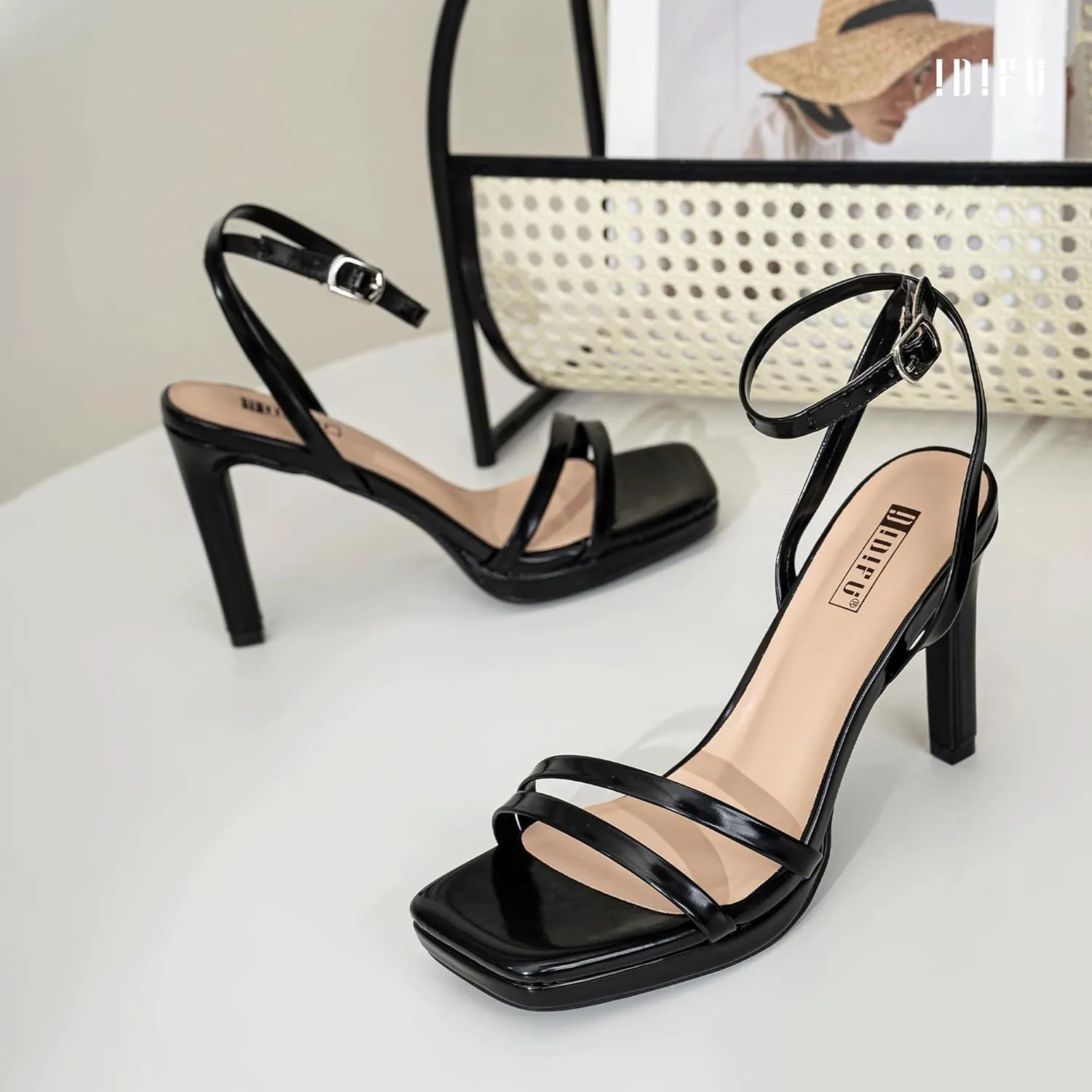 IDIFU IN4 High Heels Platform Strappy Stiletto Heels Square Open Toe Heeled Sandals Wedding Bridal Prom Party Dress Shoes for Women Comfortable Sexy Dressy Cute Ankle Strap Heels