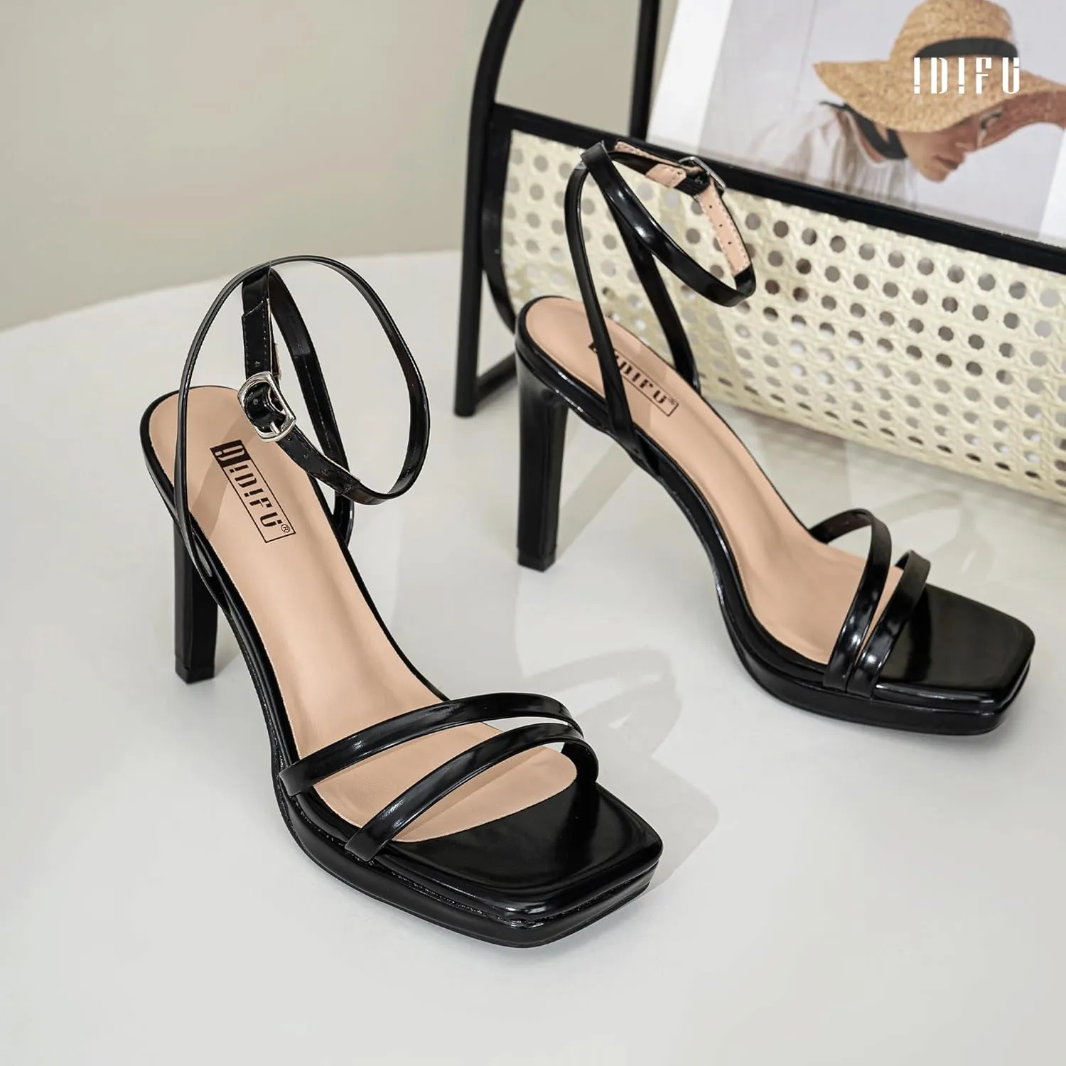 IDIFU IN4 High Heels Platform Strappy Stiletto Heels Square Open Toe Heeled Sandals Wedding Bridal Prom Party Dress Shoes for Women Comfortable Sexy Dressy Cute Ankle Strap Heels