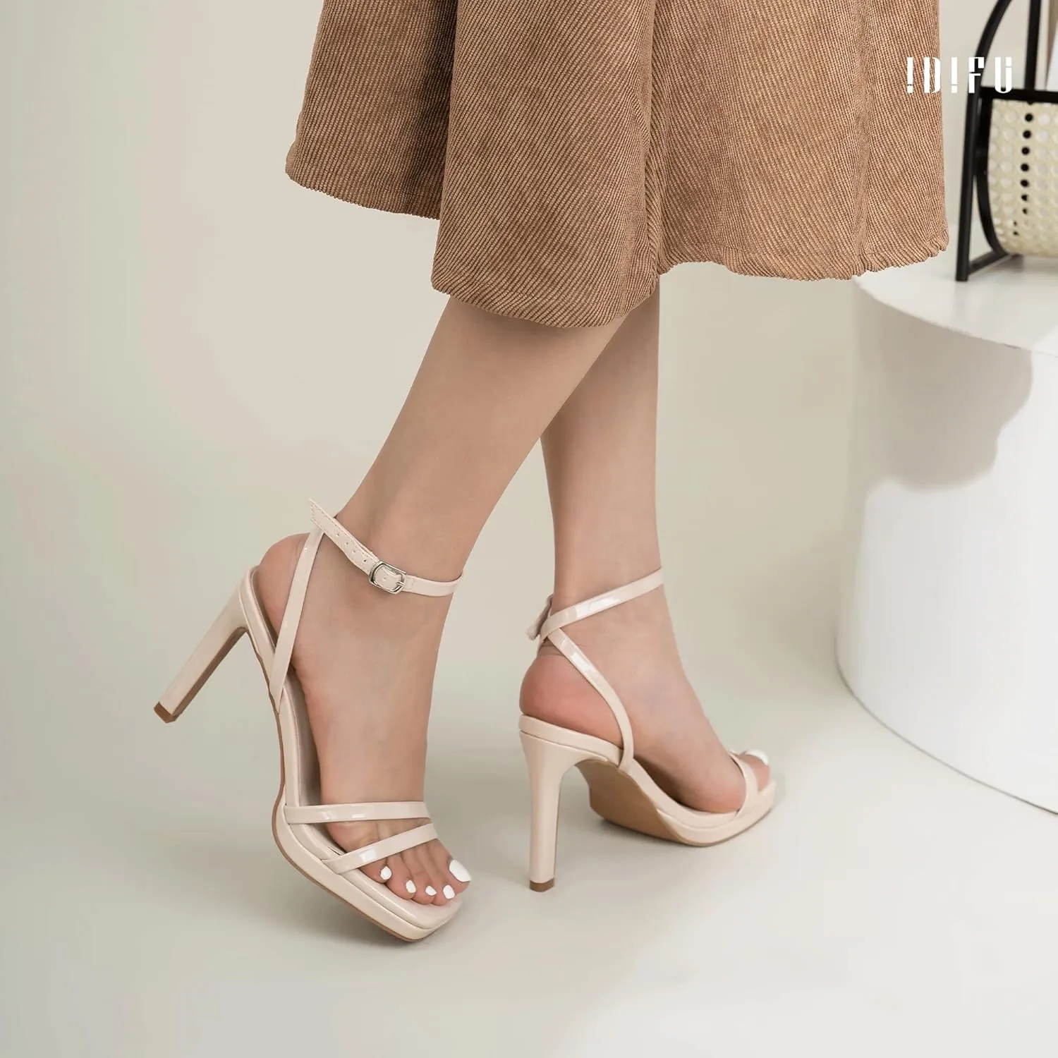 IDIFU IN4 High Heels Platform Strappy Stiletto Heels Square Open Toe Heeled Sandals Wedding Bridal Prom Party Dress Shoes for Women Comfortable Sexy Dressy Cute Ankle Strap Heels
