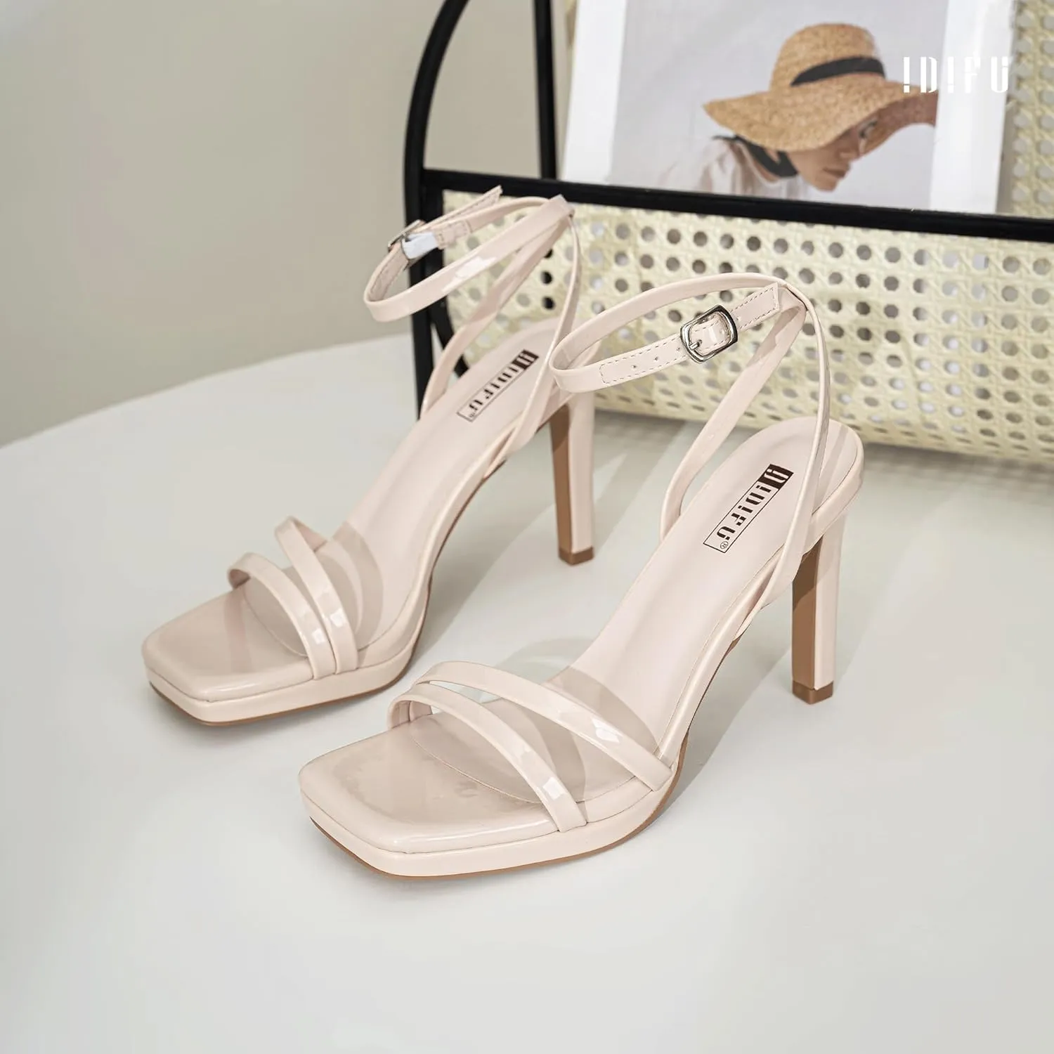 IDIFU IN4 High Heels Platform Strappy Stiletto Heels Square Open Toe Heeled Sandals Wedding Bridal Prom Party Dress Shoes for Women Comfortable Sexy Dressy Cute Ankle Strap Heels