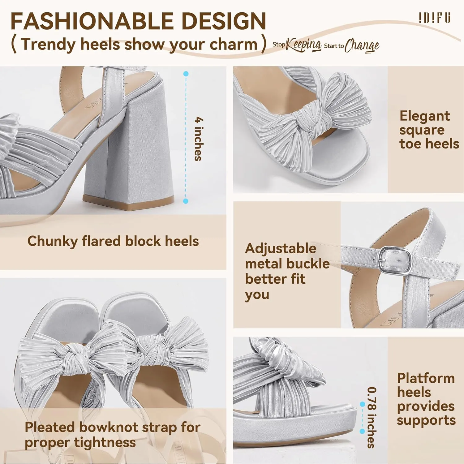 IDIFU IN4 Platform Chunky Block High Bow Heels Square Open Toe Slingback Heeled Sandals Bride Bridesmaid Wedding Bridal Prom Dress Shoes Comfortable Dressy Cute Ankle Strap Thick Heels