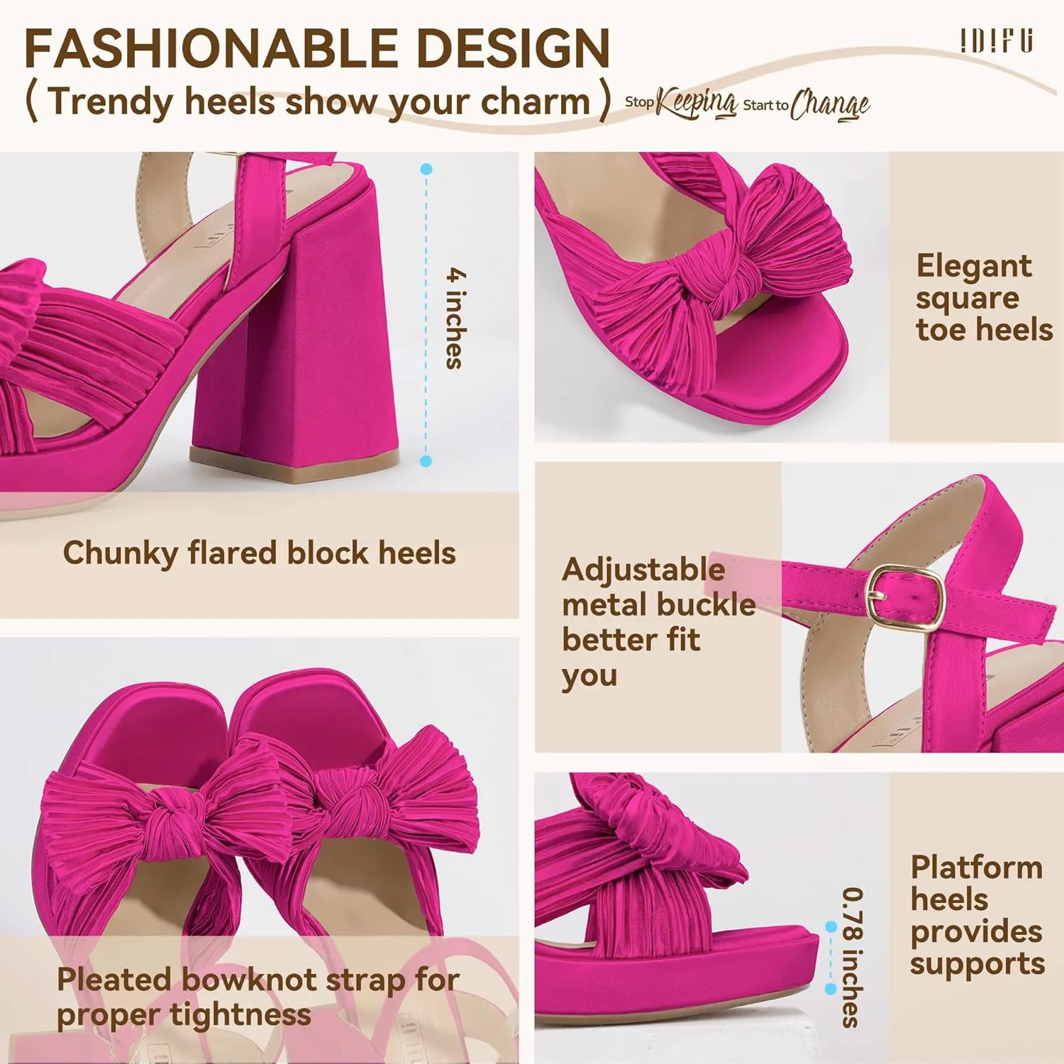 IDIFU IN4 Platform Chunky Block High Bow Heels Square Open Toe Slingback Heeled Sandals Bride Bridesmaid Wedding Bridal Prom Dress Shoes Comfortable Dressy Cute Ankle Strap Thick Heels
