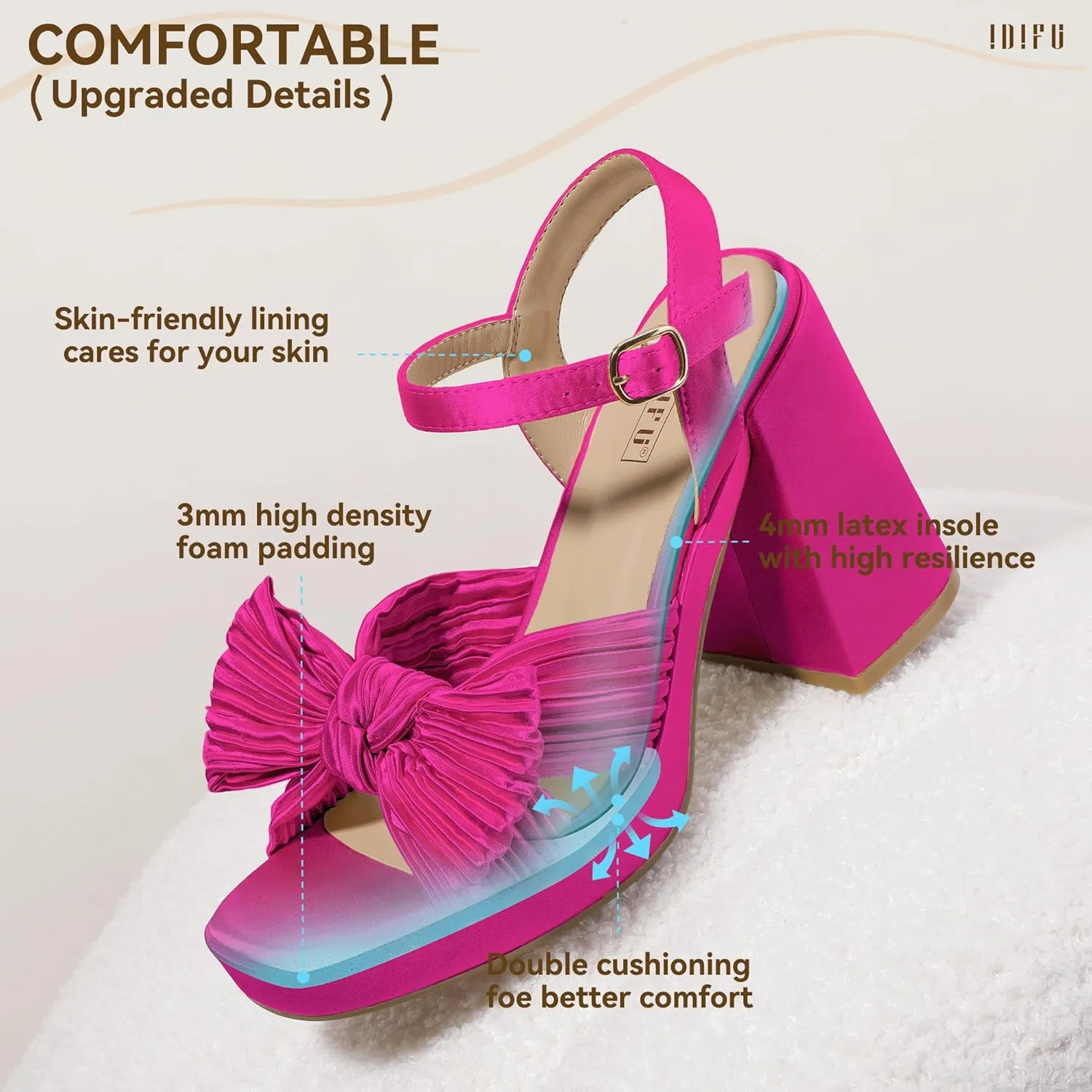 IDIFU IN4 Platform Chunky Block High Bow Heels Square Open Toe Slingback Heeled Sandals Bride Bridesmaid Wedding Bridal Prom Dress Shoes Comfortable Dressy Cute Ankle Strap Thick Heels