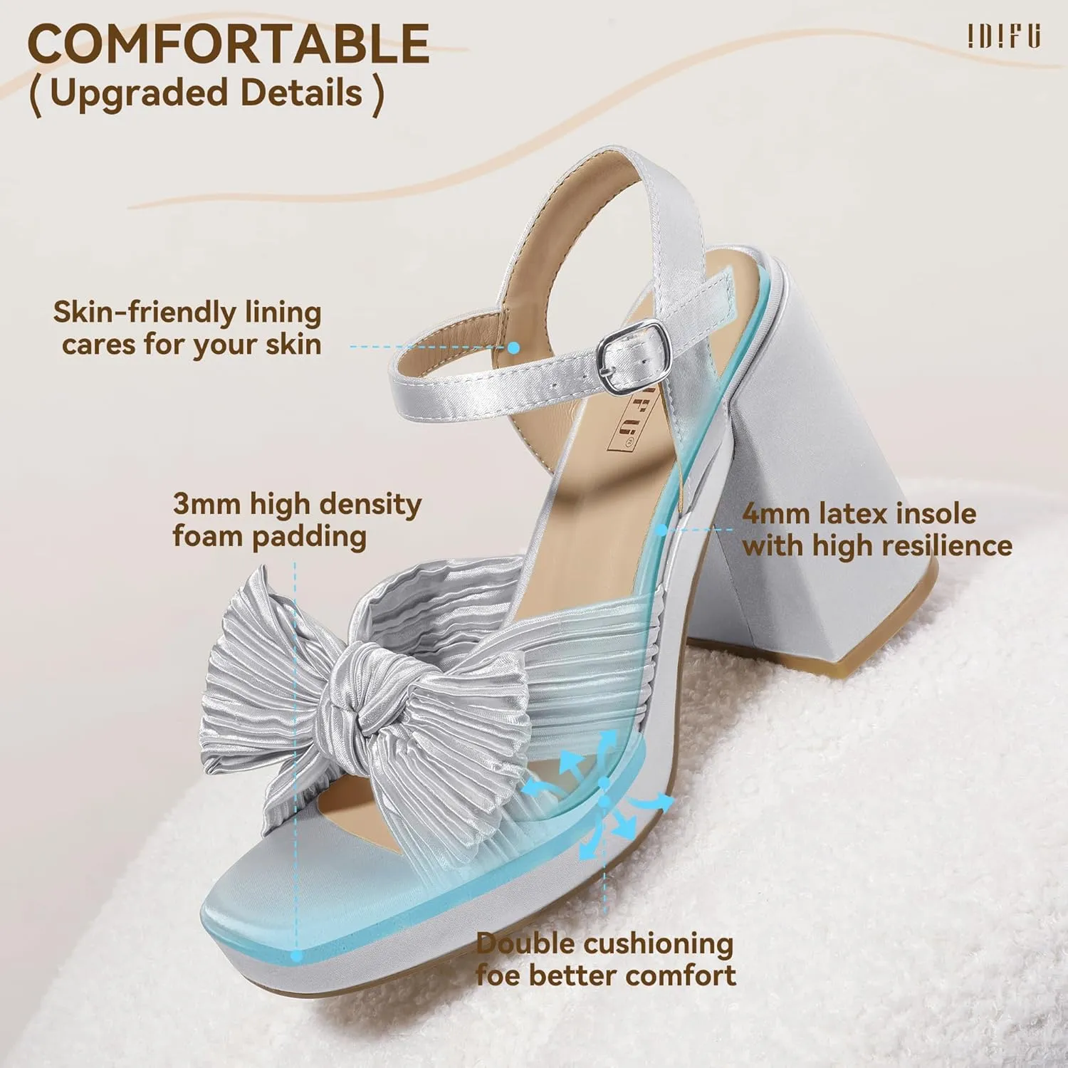 IDIFU IN4 Platform Chunky Block High Bow Heels Square Open Toe Slingback Heeled Sandals Bride Bridesmaid Wedding Bridal Prom Dress Shoes Comfortable Dressy Cute Ankle Strap Thick Heels