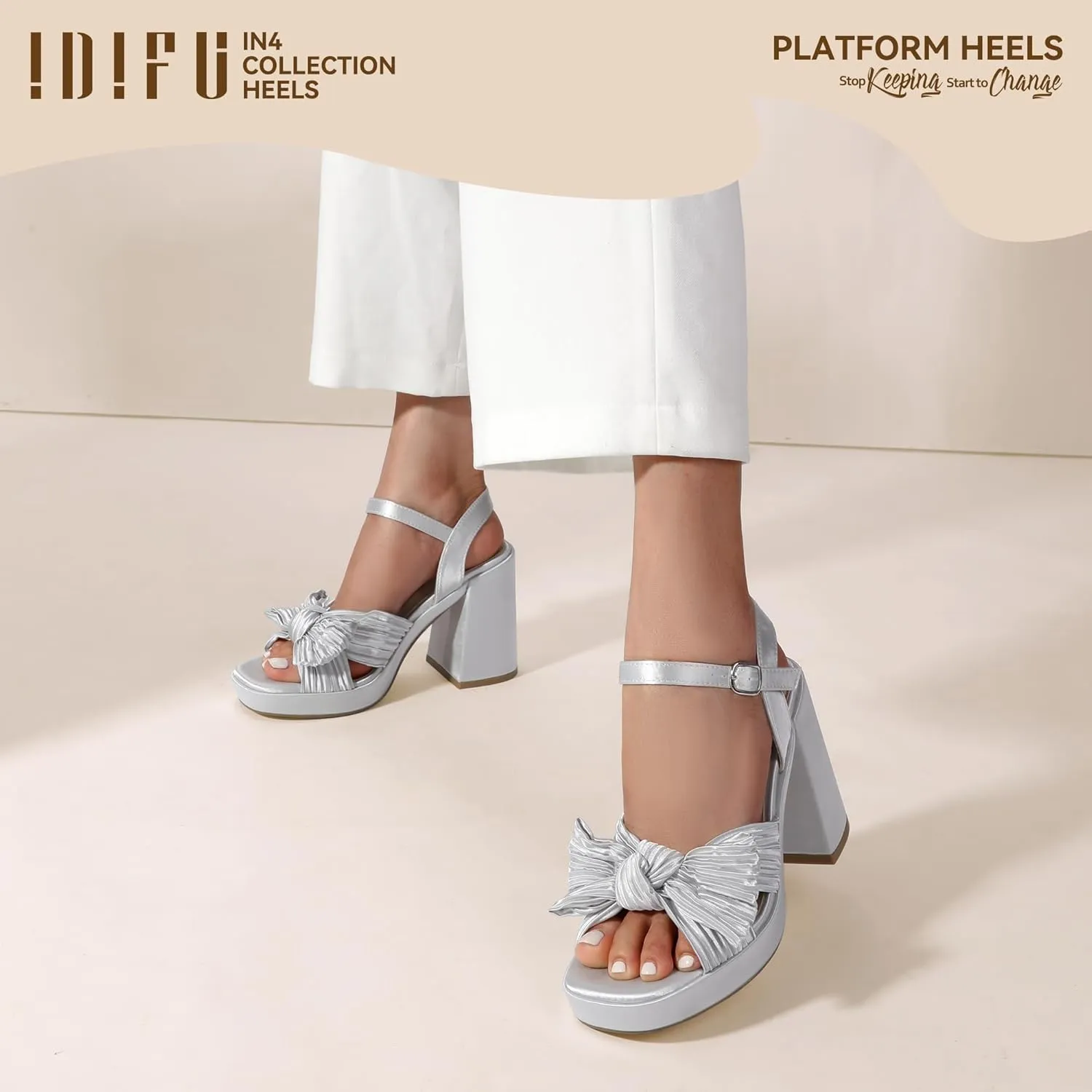 IDIFU IN4 Platform Chunky Block High Bow Heels Square Open Toe Slingback Heeled Sandals Bride Bridesmaid Wedding Bridal Prom Dress Shoes Comfortable Dressy Cute Ankle Strap Thick Heels