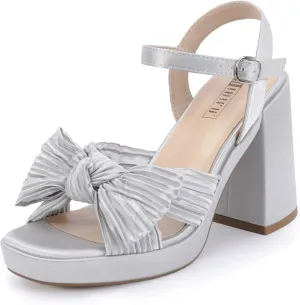IDIFU IN4 Platform Chunky Block High Bow Heels Square Open Toe Slingback Heeled Sandals Bride Bridesmaid Wedding Bridal Prom Dress Shoes Comfortable Dressy Cute Ankle Strap Thick Heels