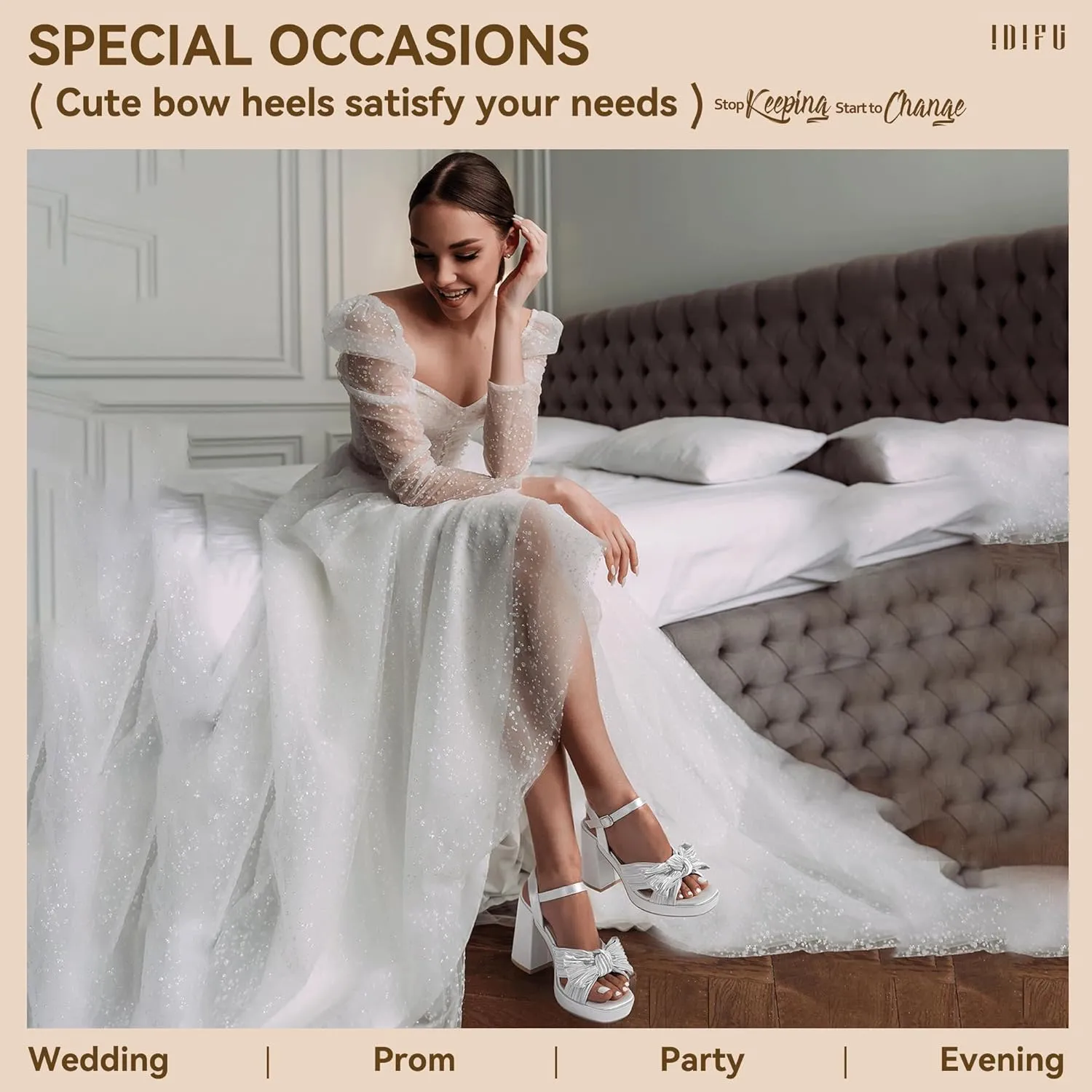 IDIFU IN4 Platform Chunky Block High Bow Heels Square Open Toe Slingback Heeled Sandals Bride Bridesmaid Wedding Bridal Prom Dress Shoes Comfortable Dressy Cute Ankle Strap Thick Heels