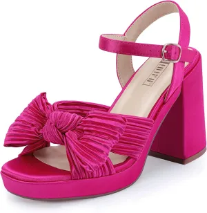IDIFU IN4 Platform Chunky Block High Bow Heels Square Open Toe Slingback Heeled Sandals Bride Bridesmaid Wedding Bridal Prom Dress Shoes Comfortable Dressy Cute Ankle Strap Thick Heels