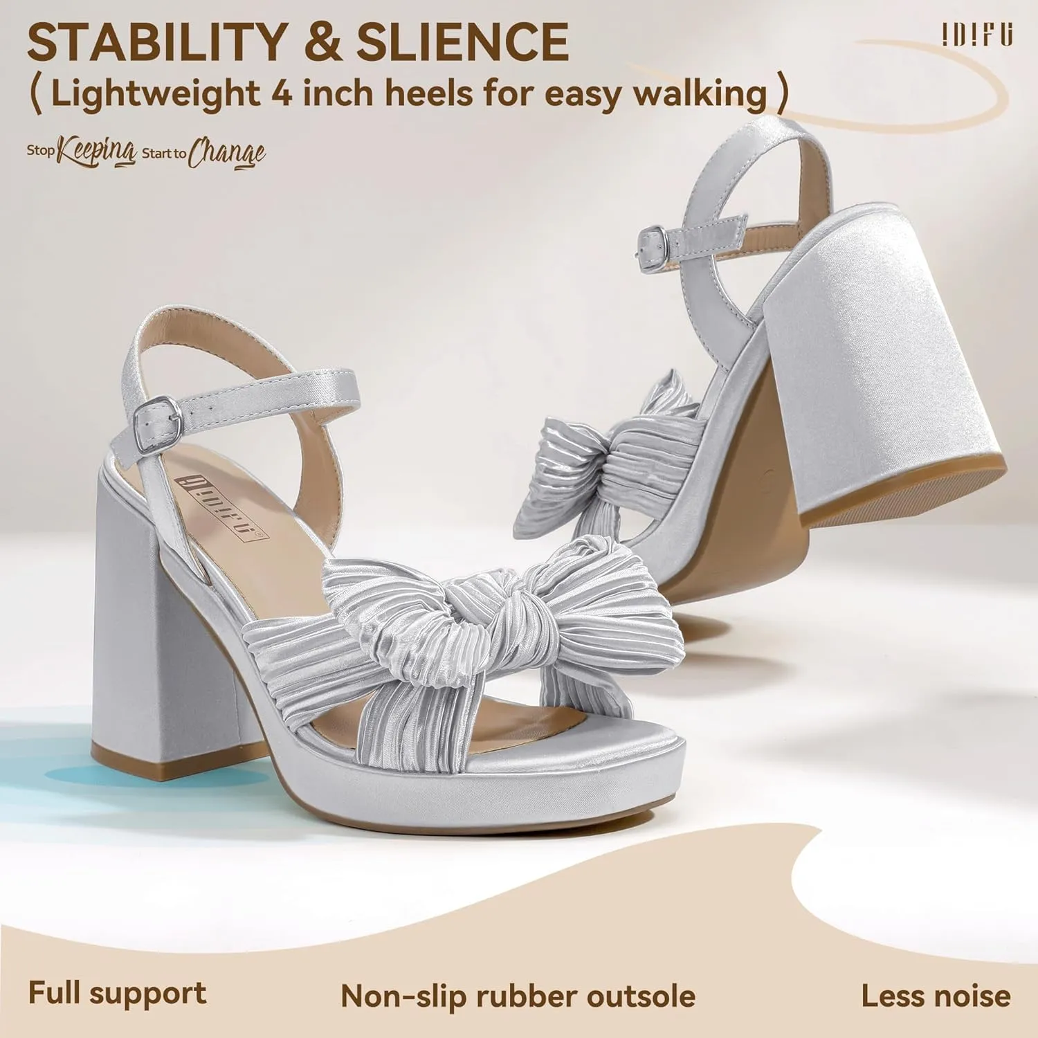 IDIFU IN4 Platform Chunky Block High Bow Heels Square Open Toe Slingback Heeled Sandals Bride Bridesmaid Wedding Bridal Prom Dress Shoes Comfortable Dressy Cute Ankle Strap Thick Heels