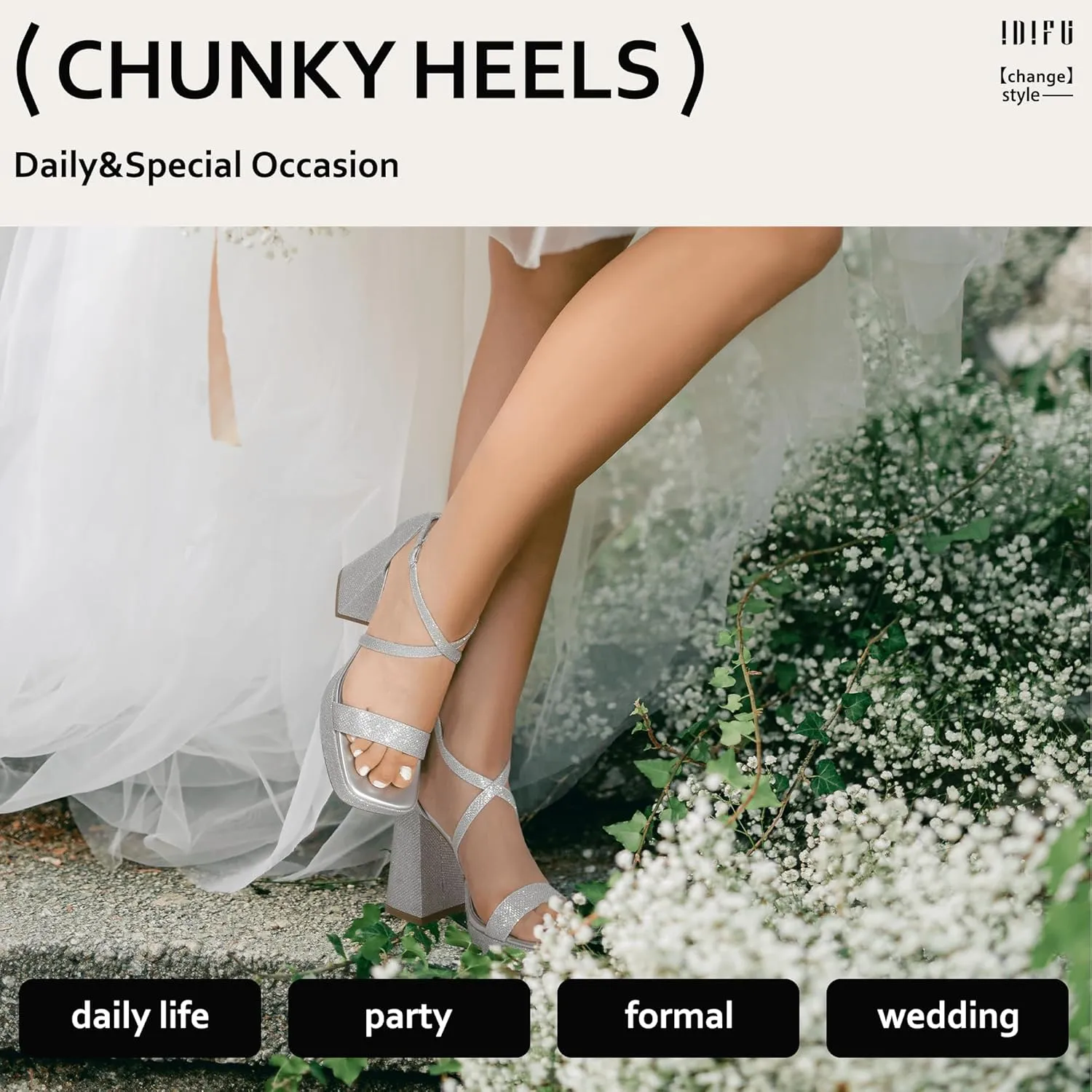 IDIFU IN4 Platform Heels for Women - High Strappy Chunky Block Square Toe Sexy Wedding Dress Shoes - Open Toe Ankle Strap Heeled Sandals - Comfortable Thick Heels - Half Size Larger