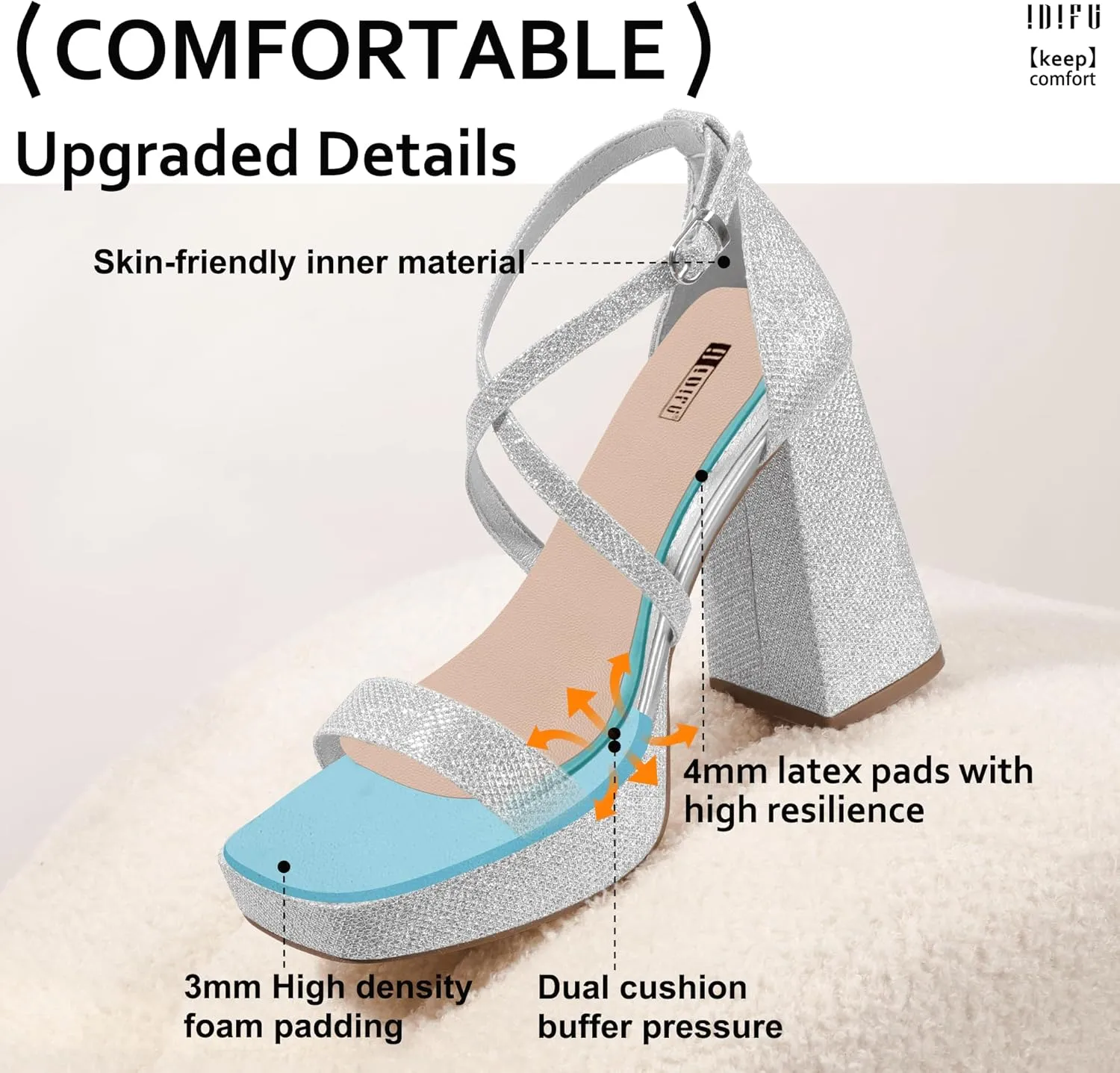 IDIFU IN4 Platform Heels for Women - High Strappy Chunky Block Square Toe Sexy Wedding Dress Shoes - Open Toe Ankle Strap Heeled Sandals - Comfortable Thick Heels - Half Size Larger