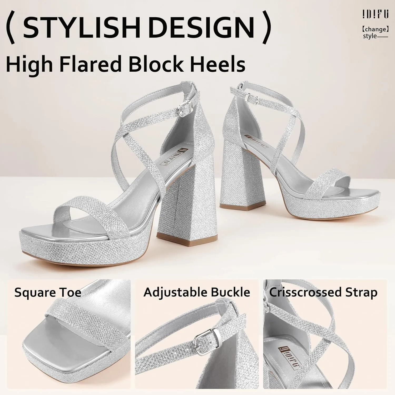 IDIFU IN4 Platform Heels for Women - High Strappy Chunky Block Square Toe Sexy Wedding Dress Shoes - Open Toe Ankle Strap Heeled Sandals - Comfortable Thick Heels - Half Size Larger