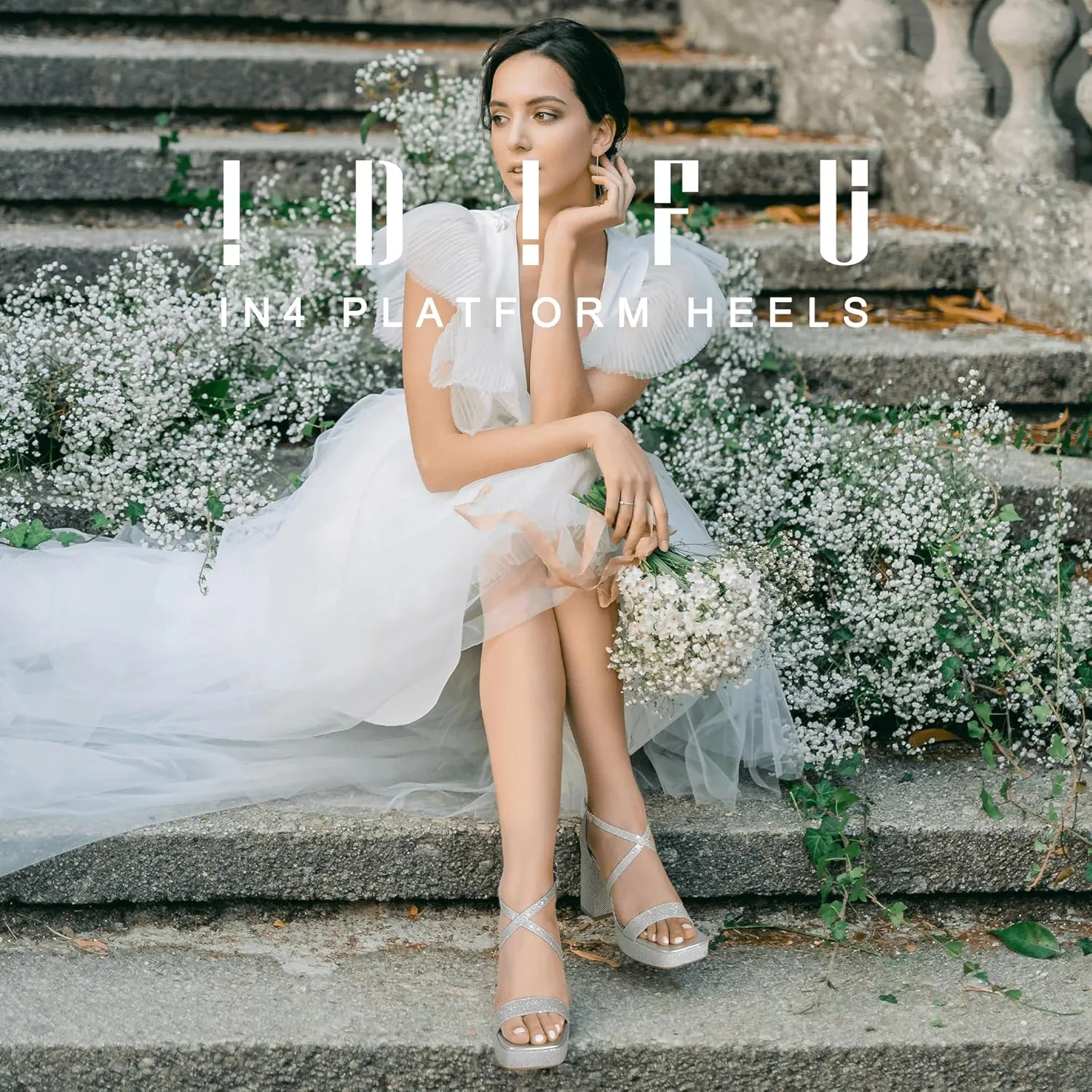 IDIFU IN4 Platform Heels for Women - High Strappy Chunky Block Square Toe Sexy Wedding Dress Shoes - Open Toe Ankle Strap Heeled Sandals - Comfortable Thick Heels - Half Size Larger