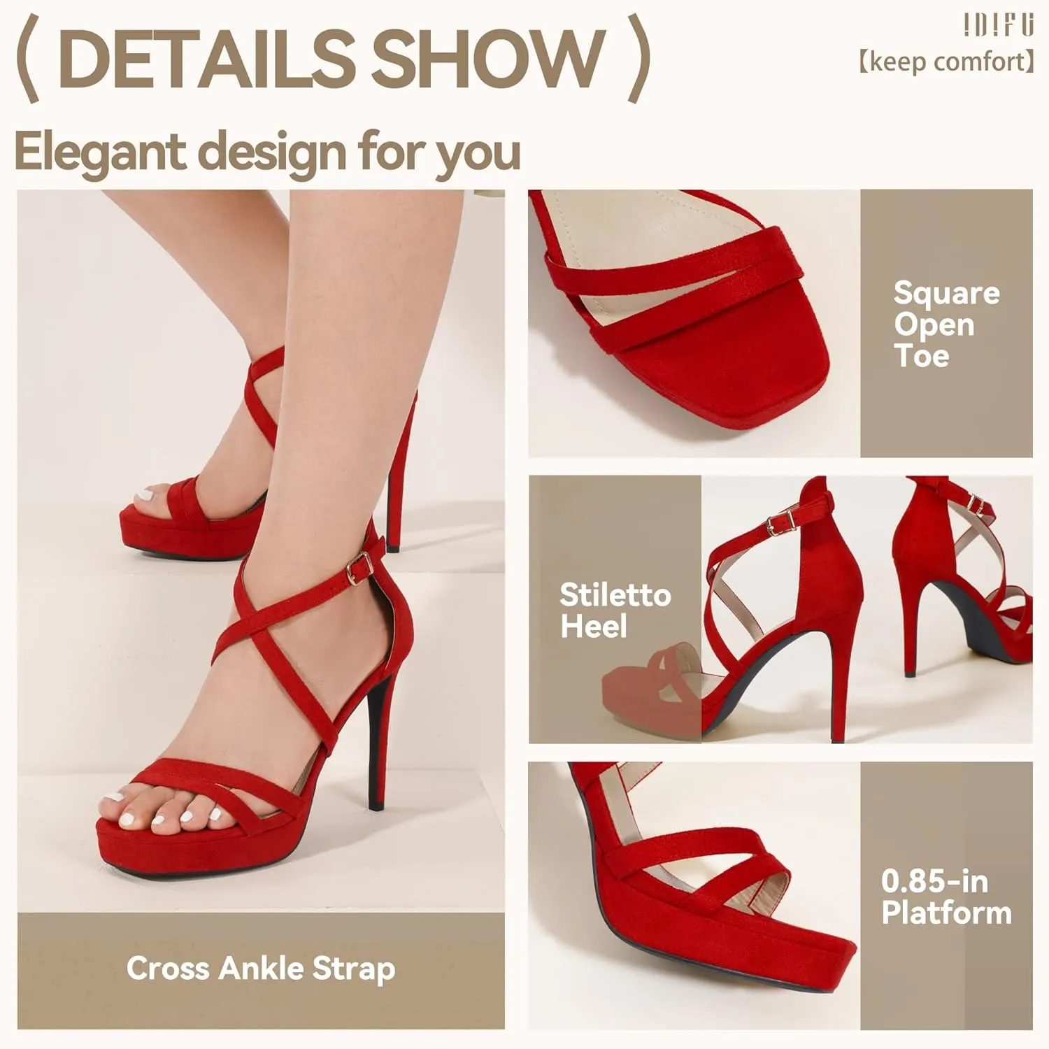 IDIFU IN4 Platform High Heels for Women Strappy Heeled Sandals Square Toe Heels Stiletto Heels Women's Wedding Party Bridal Sexy Dress Shoes Open Toe Heels