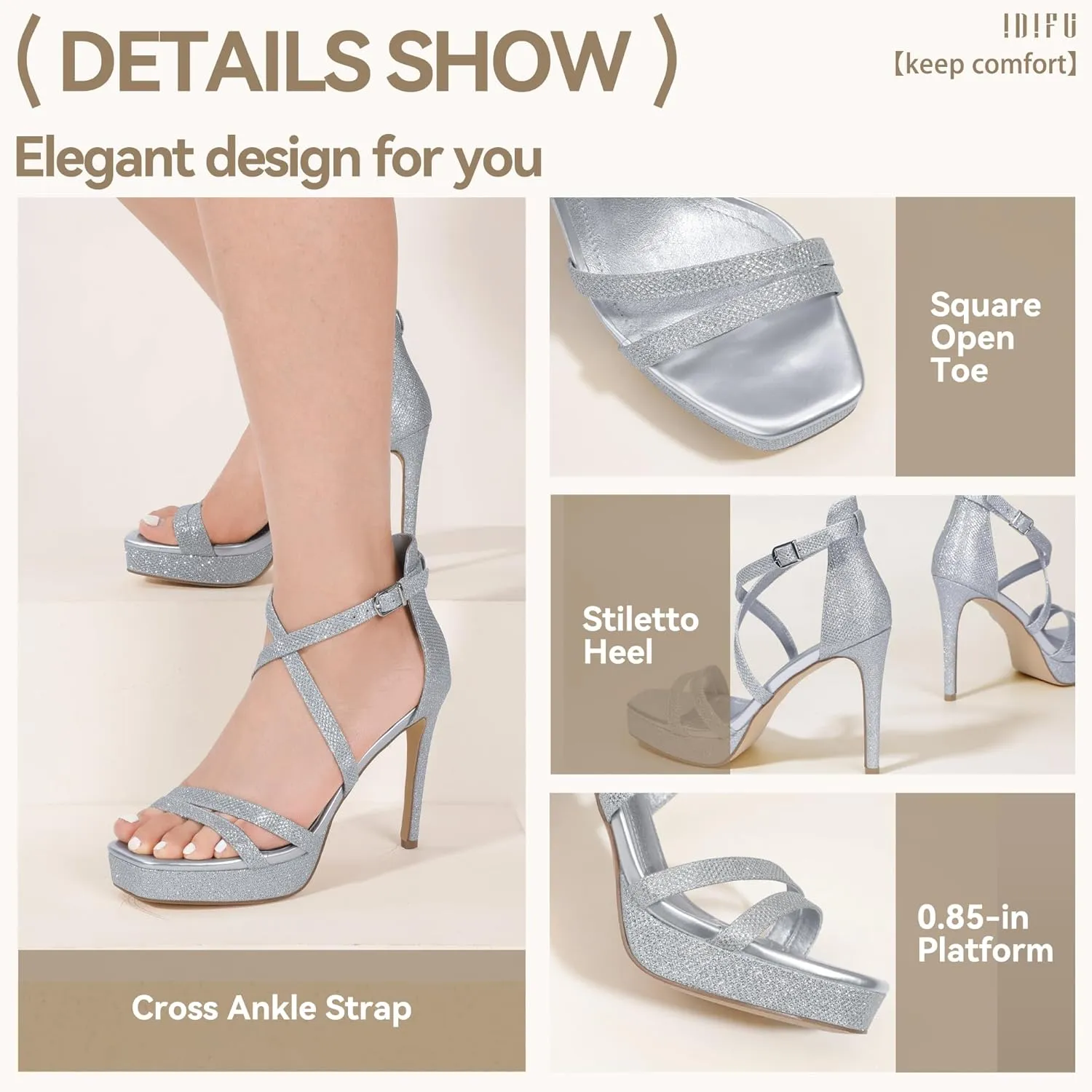 IDIFU IN4 Platform High Heels for Women Strappy Heeled Sandals Square Toe Heels Stiletto Heels Women's Wedding Party Bridal Sexy Dress Shoes Open Toe Heels