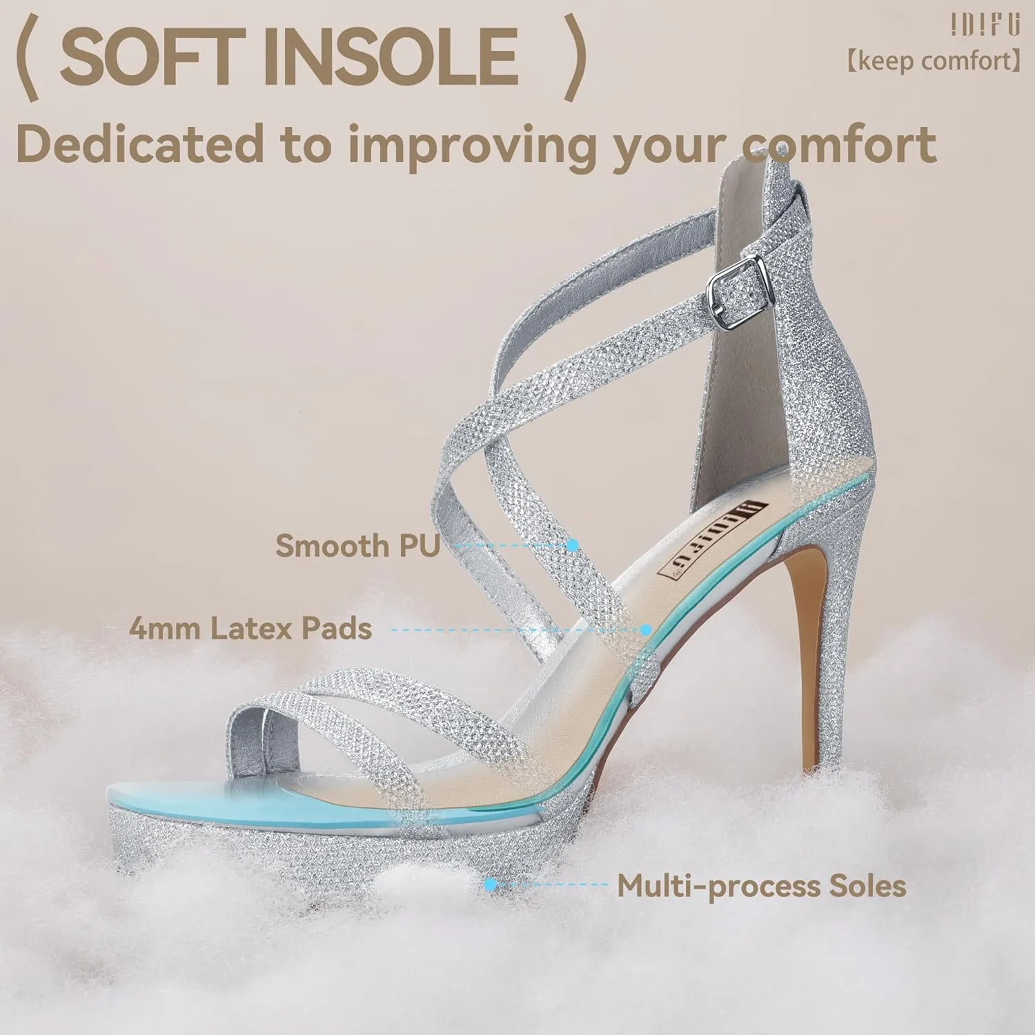 IDIFU IN4 Platform High Heels for Women Strappy Heeled Sandals Square Toe Heels Stiletto Heels Women's Wedding Party Bridal Sexy Dress Shoes Open Toe Heels