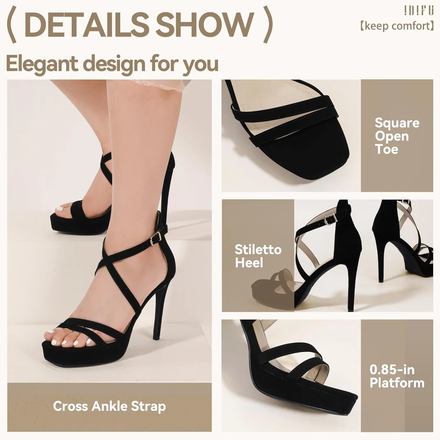 IDIFU IN4 Platform High Heels for Women Strappy Heeled Sandals Square Toe Heels Stiletto Heels Women's Wedding Party Bridal Sexy Dress Shoes Open Toe Heels