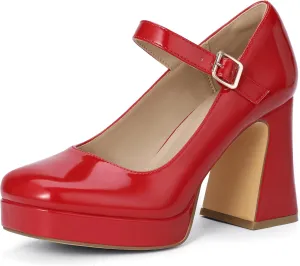 IDIFU IN4 Platform Mary Jane Shoes Women's Pumps High Chunky Square Closed Toe Heels Block Ankle Strap Work Wedding Prom Comfortable Dress Shoe Dressy Cute Trendy Vintage Heel Pump Shoes