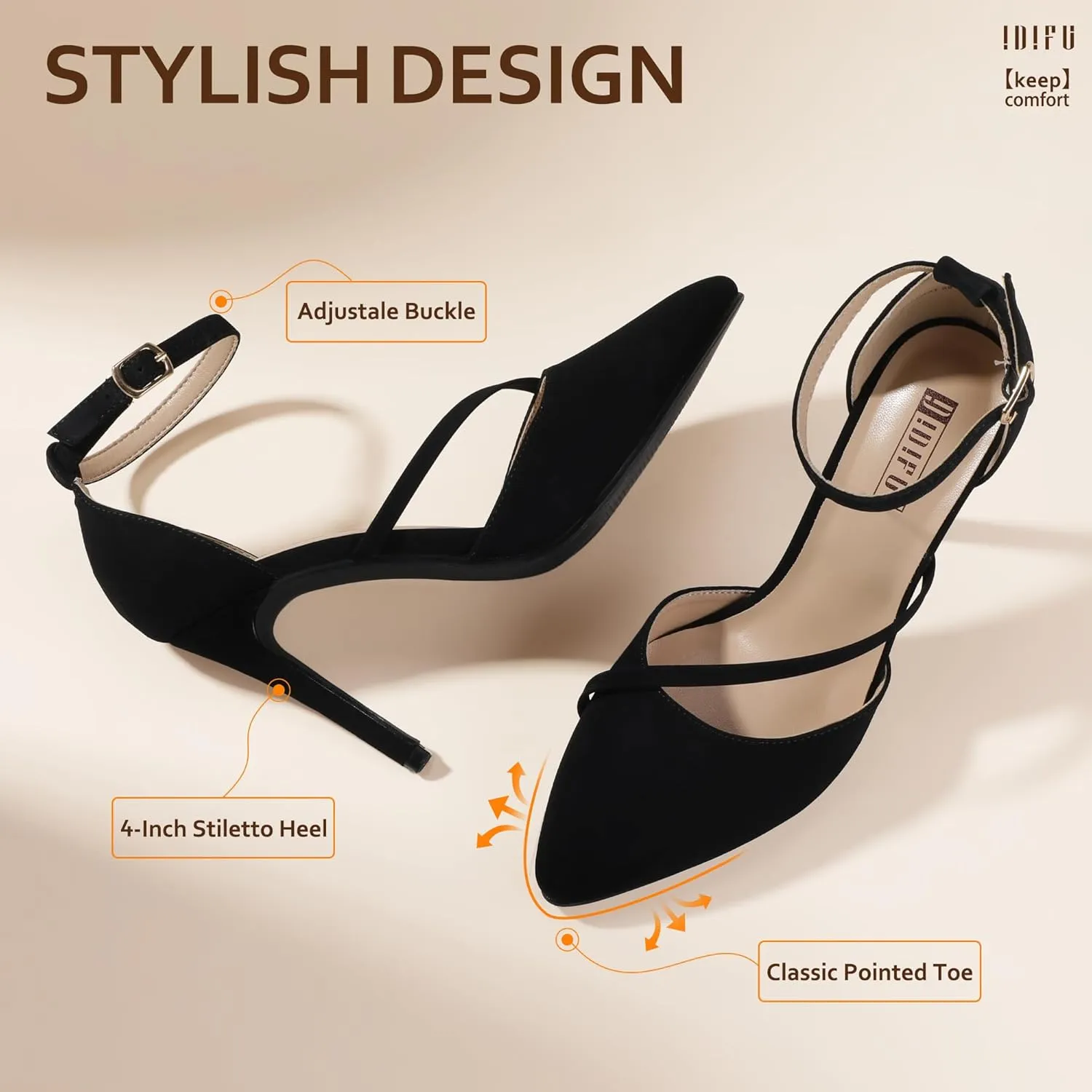 IDIFU IN4 Women's Pumps Closed Toe Heels Stiletto High Heels Dress Shoes for Women Wedding Prom Dressy Party Bridal Shoes Trendy Strappy Pointed Toe Ankle Strap Heels Pumps