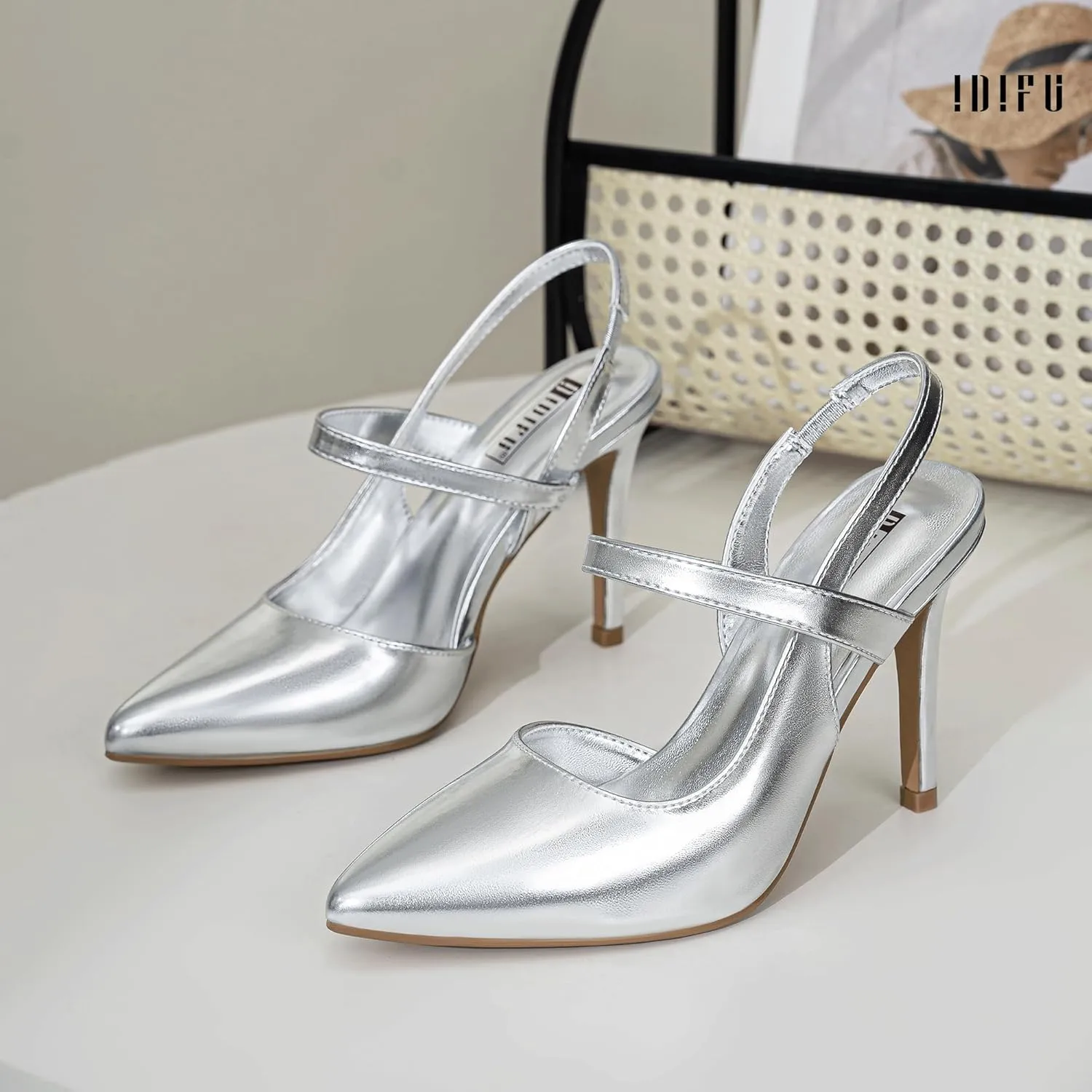 IDIFU IN4 Women's Pumps High Heels Strappy Closed Toe Stiletto Pointed Toe Slingback Dress Shoes for Women Wedding Prom Bridal Party Trendy Fashion Sexy Comfortable Pumps Dressy Shoes