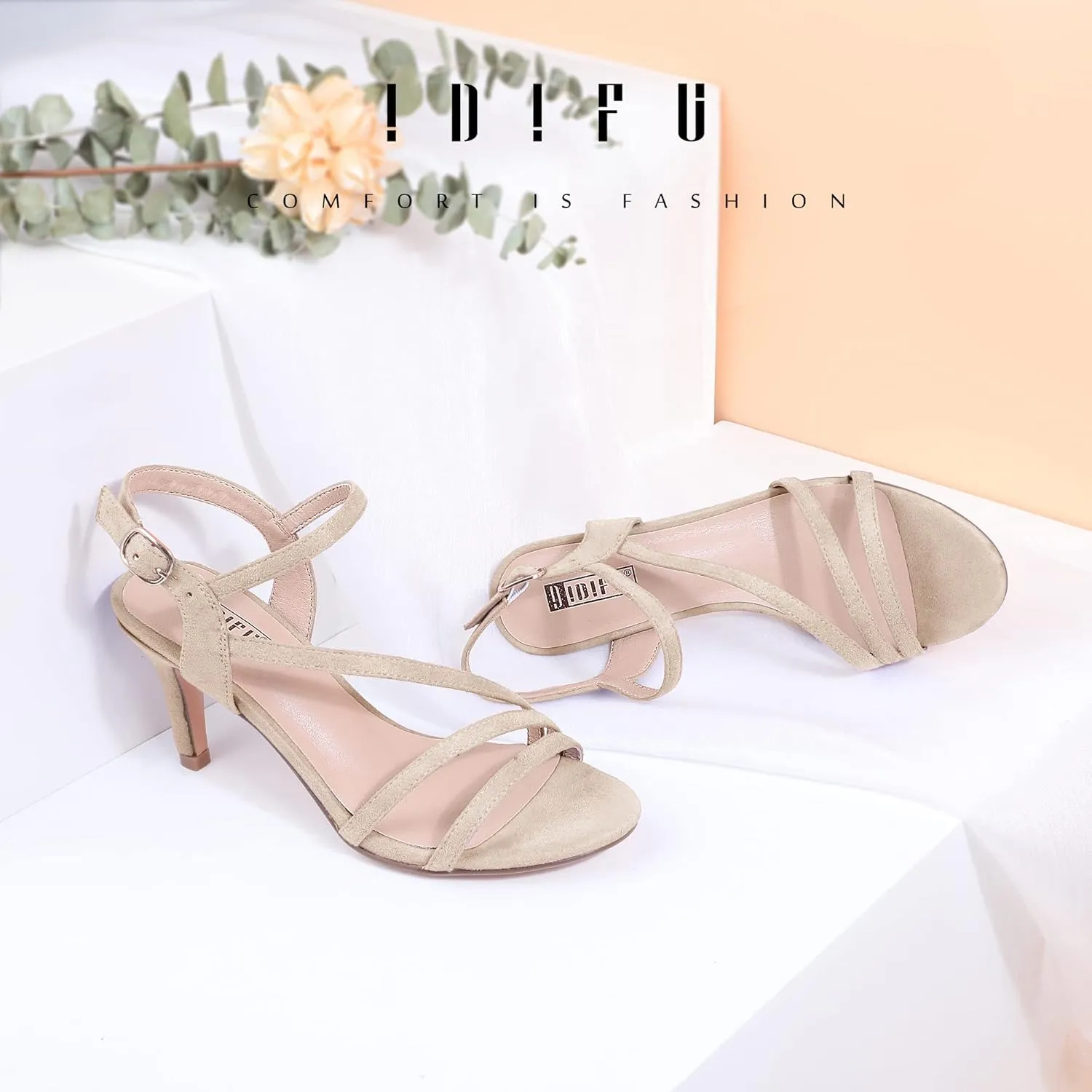 IDIFU Women's Black Nude White Silver Heels for Women Dress Kitten Heels Strappy Open Toe Heels Sandals Wedding Evening Party Shoes for Women Ladies Bridal