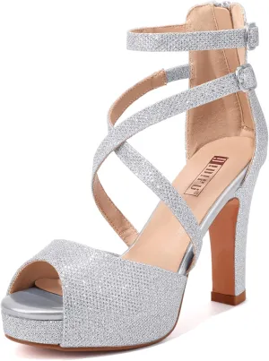 IDIFU Women's IN4 Platform Heels Strappy Chunky Heels For Women Dressy Peep Toe High Heels For Women Bridal Wedding Shoes For Bride On Evening Prom