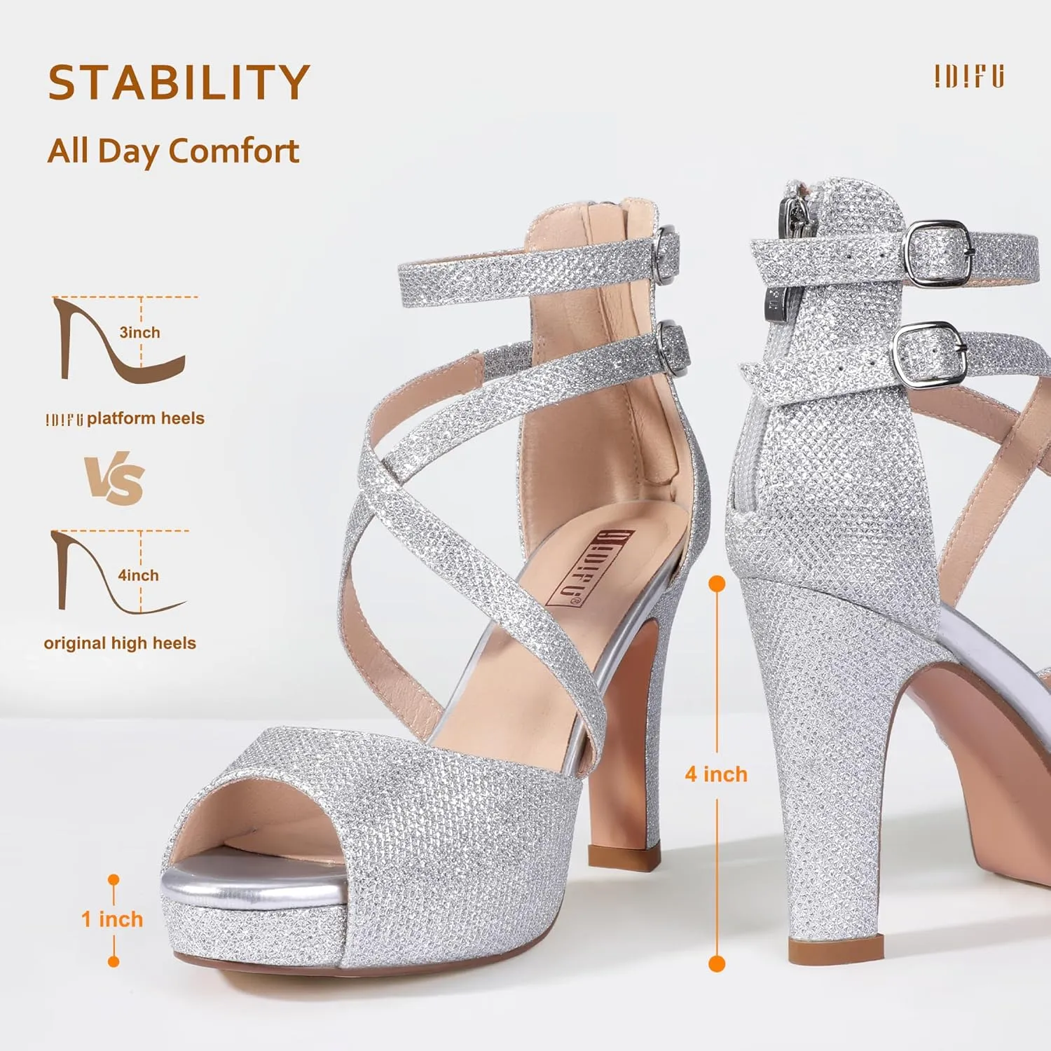 IDIFU Women's IN4 Platform Heels Strappy Chunky Heels For Women Dressy Peep Toe High Heels For Women Bridal Wedding Shoes For Bride On Evening Prom