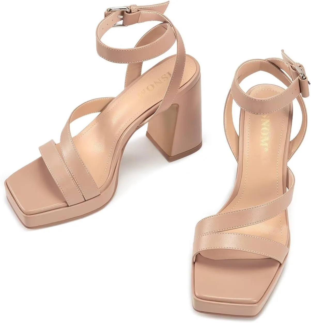 ISNOM Platform Chunky Heels for Women Square Open Toe Strappy Heels Ankle Strap Heeled Sandals Comfort Dress Party Shoes
