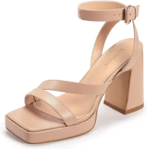 ISNOM Platform Chunky Heels for Women Square Open Toe Strappy Heels Ankle Strap Heeled Sandals Comfort Dress Party Shoes