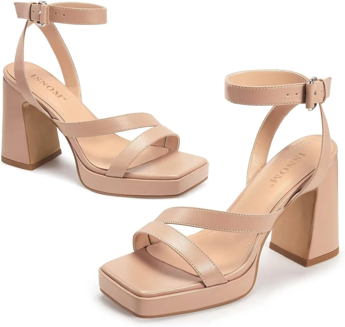 ISNOM Platform Chunky Heels for Women Square Open Toe Strappy Heels Ankle Strap Heeled Sandals Comfort Dress Party Shoes