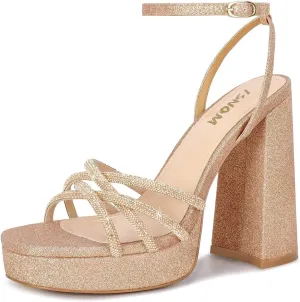 ISNOM Platform Chunky Heels for Women with Round Toe Strappy Heels for Wedding Party Date Shopping Travel Festival Holiday