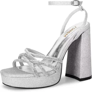 ISNOM Platform Chunky Heels for Women with Round Toe Strappy Heels for Wedding Party Date Shopping Travel Festival Holiday