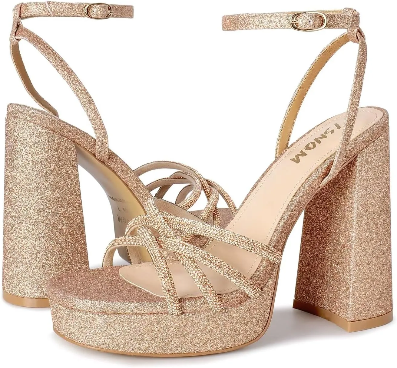 ISNOM Platform Chunky Heels for Women with Round Toe Strappy Heels for Wedding Party Date Shopping Travel Festival Holiday