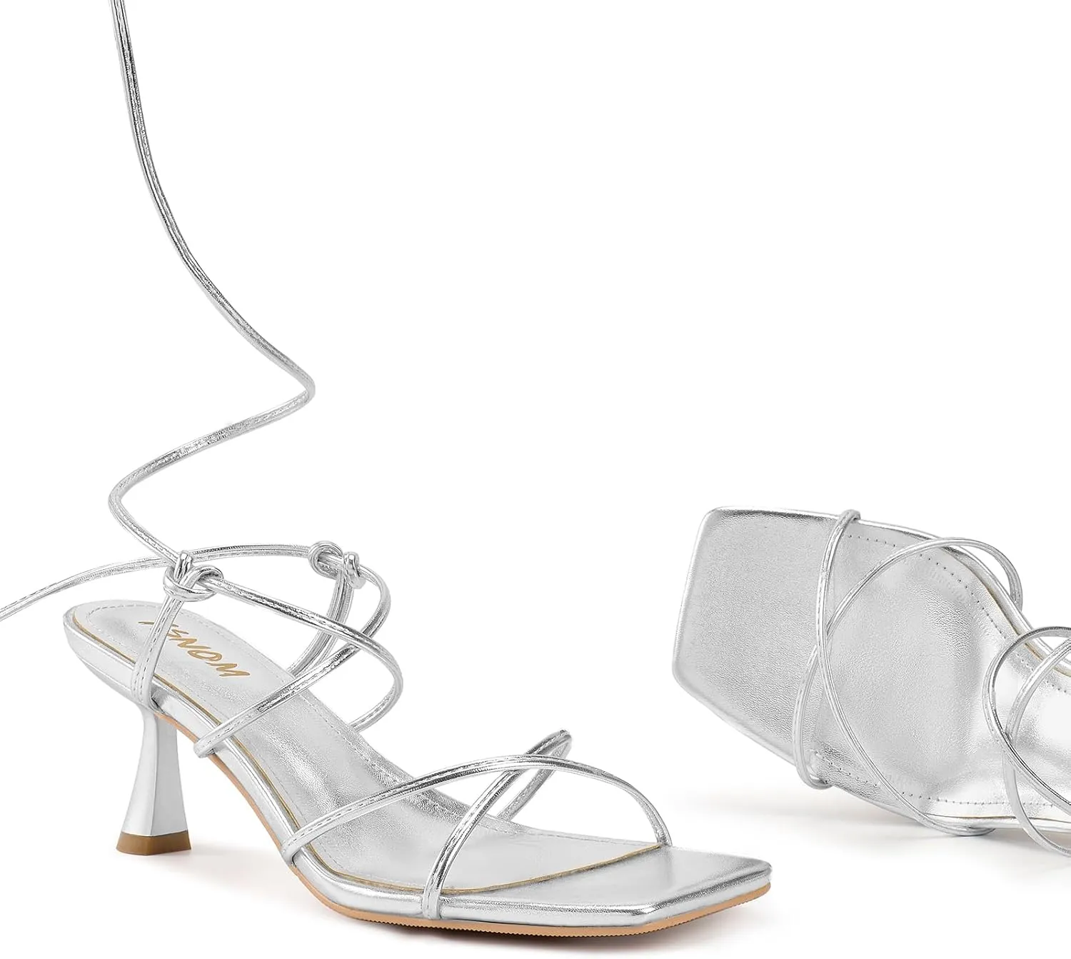 ISNOM Strappy Sandals for Women Kitten Heels Lace Up Heels Stiletto Heels Wrap Around Heels with Square Toe