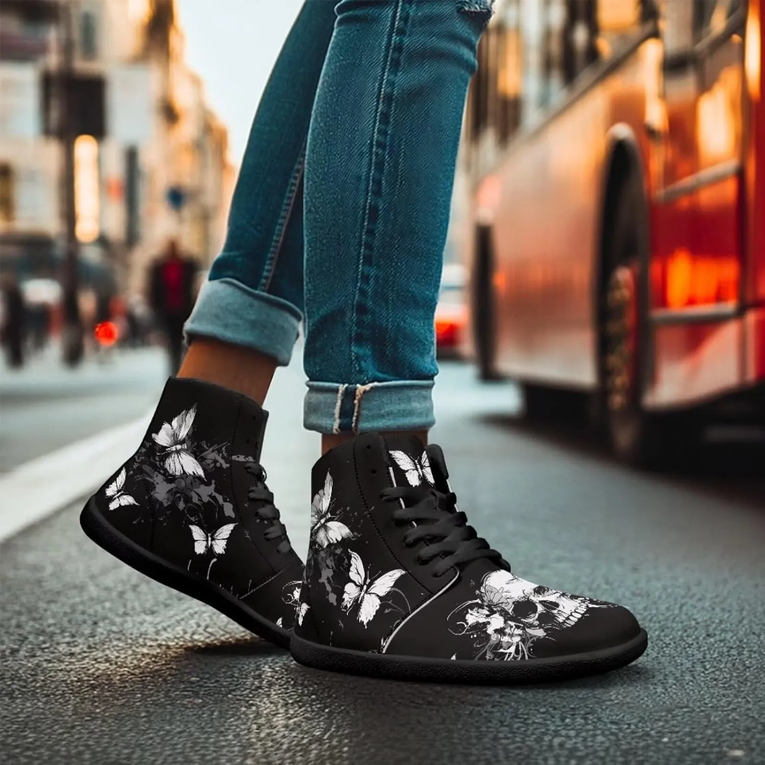 Jeiento Skull High Top Barefoot Running Shoes Breathable Sneaker for Men