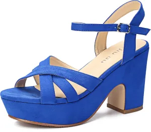 Jiu du Women's Platform Heels Sandals Open Toe Wedge Heels Suede Ankle Strap Chunky Heels Wedding Dressy Party Pumps