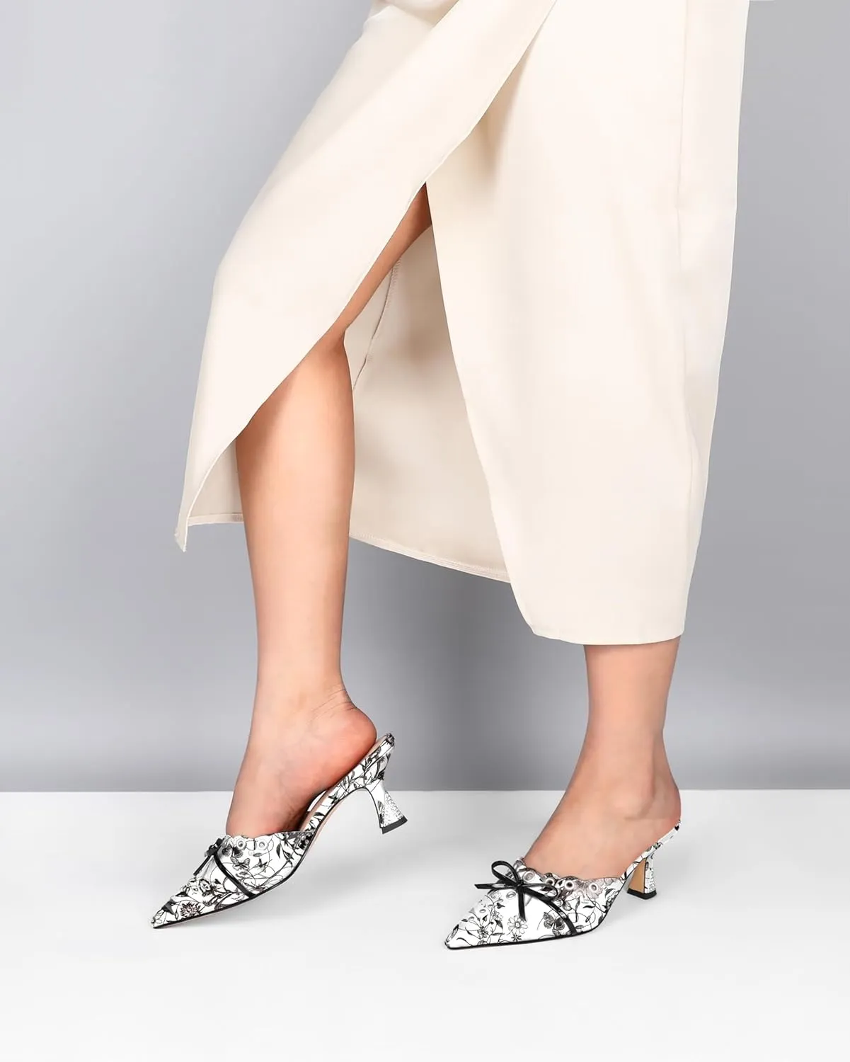 Joseywade Mule Heels For Women Bow Tie Kitten Heels Rhinestone Pointed Toe Studded Slip on Shoes US Size 5-13