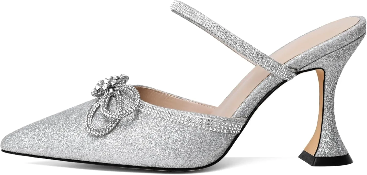 Joseywade Rhinstone Bow Mule Heels High Heels Closed Pointed Toe Spool Heel Slip-on Sandals 3.5" Wedding Crystal Ankle Strap Backless Shoes For Bridal Bridesmaid Engagement