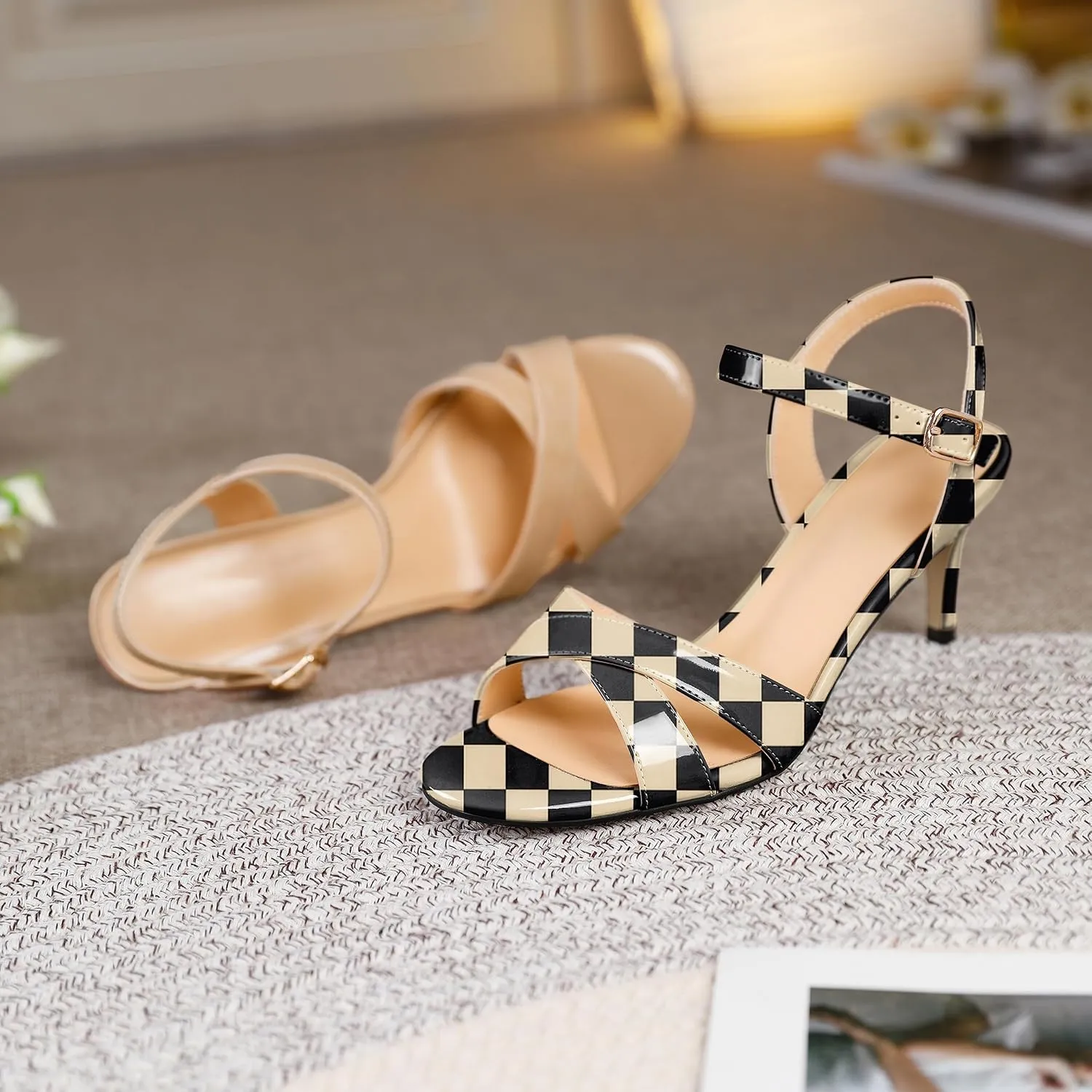 Joseywade Women's Heeled Sandals Strappy Low Kitten Heels Crisscross Open Round Toe Heels 2.5'' Adjustable Ankle Strap Shoes