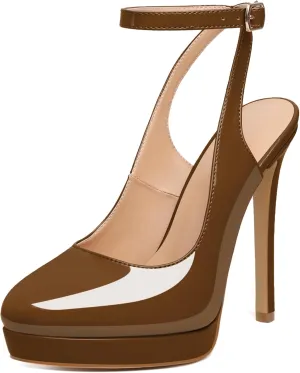 Joseywade Women's Platform Heels Slingback Round Toe Slim Thin Stilettos High Heel Pumps Ankle Strap Comfort Wedding Dress Shoes 5 Inch