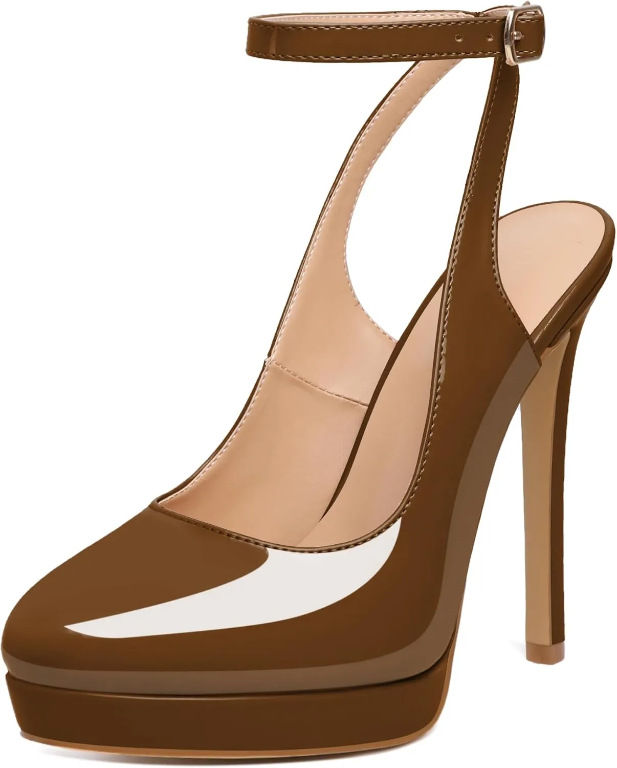 Joseywade Women's Platform Heels Slingback Round Toe Slim Thin Stilettos High Heel Pumps Ankle Strap Comfort Wedding Dress Shoes 5 Inch