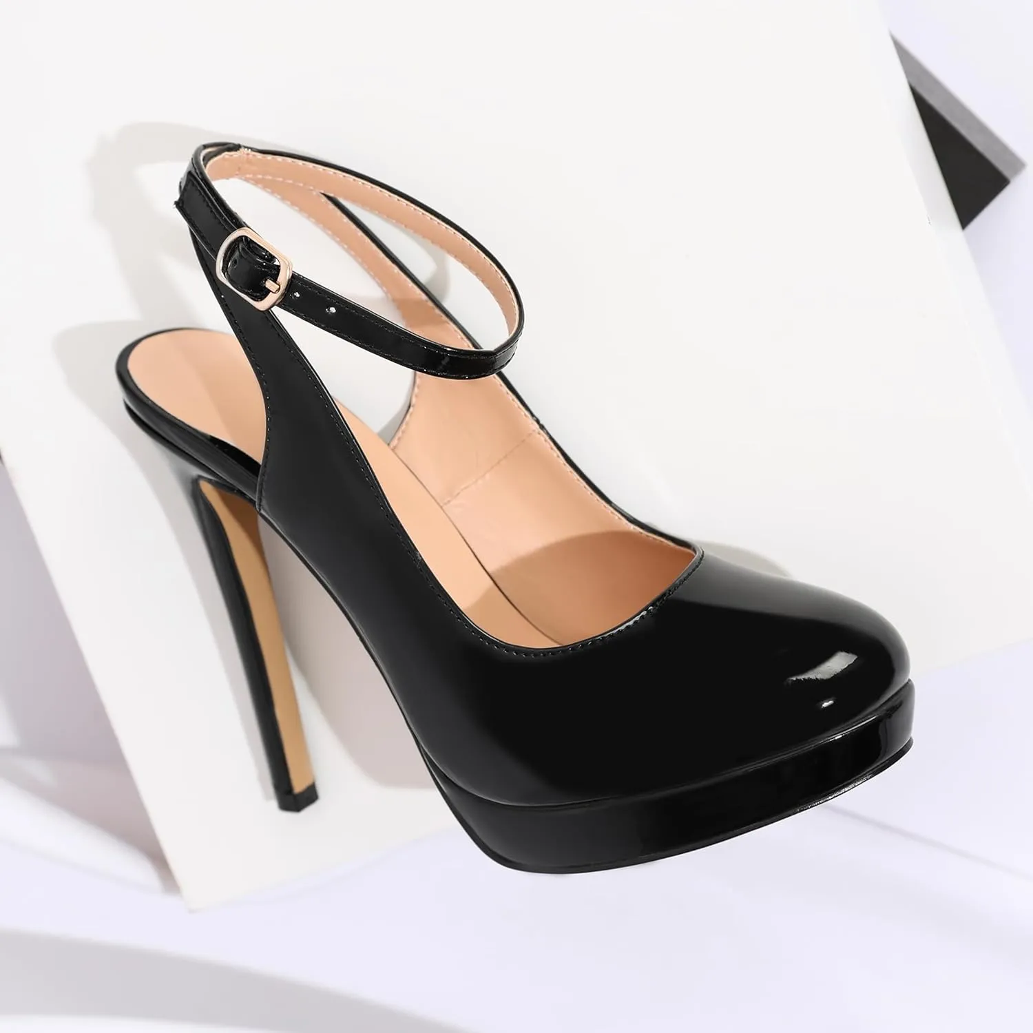 Joseywade Women's Platform Heels Slingback Round Toe Slim Thin Stilettos High Heel Pumps Ankle Strap Comfort Wedding Dress Shoes 5 Inch