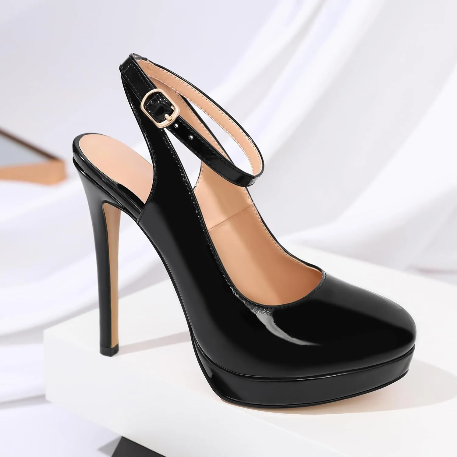 Joseywade Women's Platform Heels Slingback Round Toe Slim Thin Stilettos High Heel Pumps Ankle Strap Comfort Wedding Dress Shoes 5 Inch