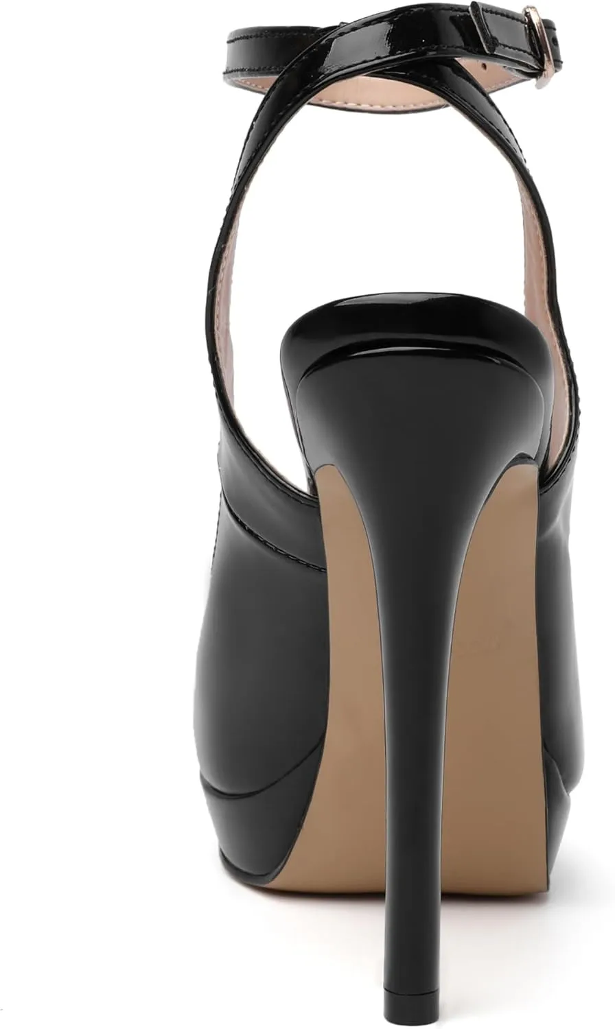 Joseywade Women's Platform Heels Slingback Round Toe Slim Thin Stilettos High Heel Pumps Ankle Strap Comfort Wedding Dress Shoes 5 Inch